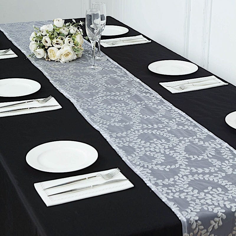 12x108 Inch Embroidered Tulle Table Runner with Leaves Vines and Sequins - Elegant Wedding Reception Decor, Party Table Cover, Dining Room Centerpiece