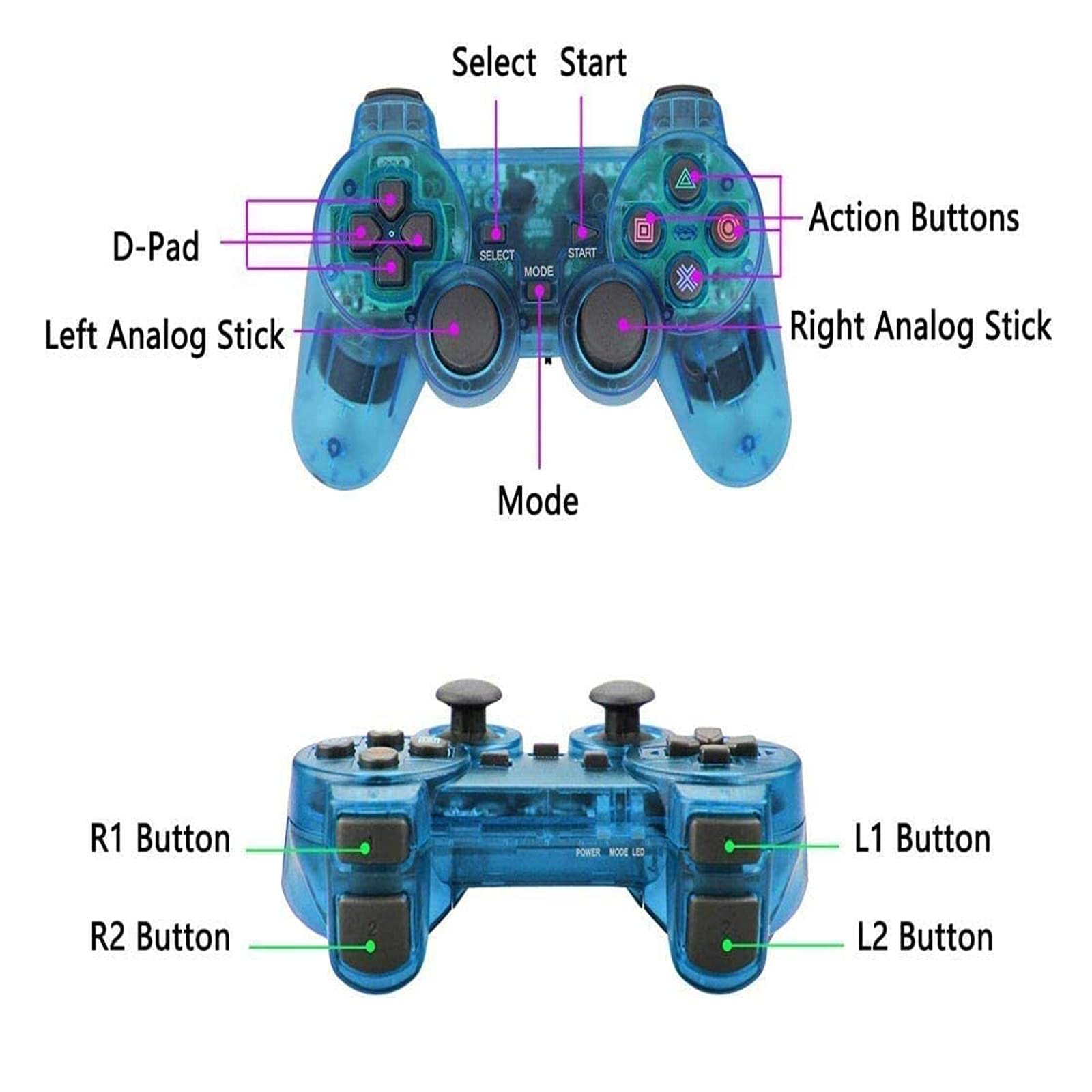 Wireless PS2 Controller with Dual Vibration, 2.4G Gamepad Joystick for PlayStation 2 - Clear Blue | Wireless Receiver Included | Perfect for Gaming, Retro Console Play & Multiplayer Sessions