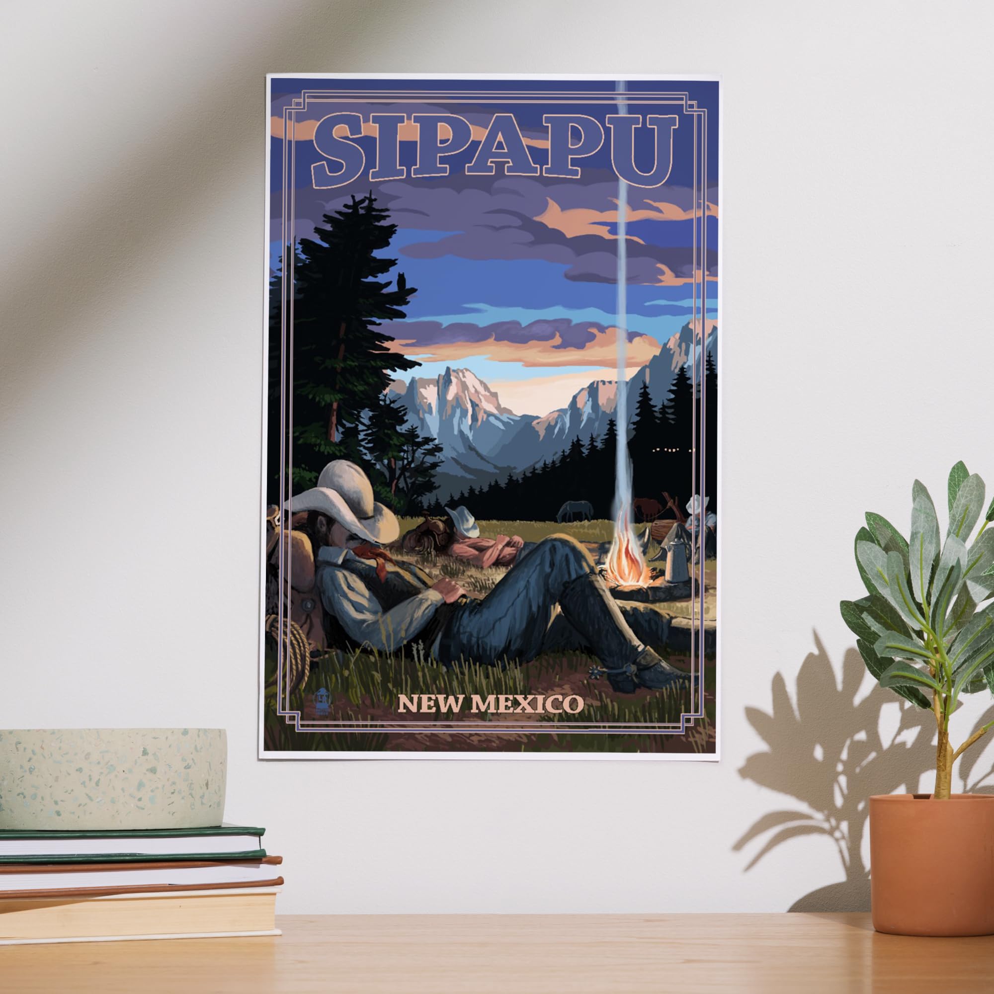Lantern Press 12x18 Inch Sipapu New Mexico Cowboy Camping Night Scene Art Print - Western Wall Decor for Living Room, Bedroom & Cabin