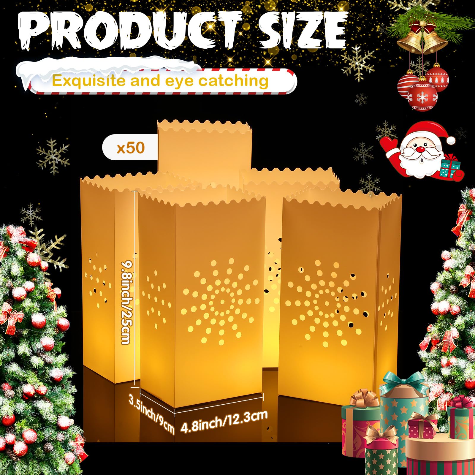 50 Pcs Waterproof White Plastic Luminary Bags - Reusable Candle Lantern Bags for Christmas, Birthday, Wedding & Thanksgiving Party Decor (Sunburst Design) - Perfect for Indoor/Outdoor Holiday Lighting & Special Event Ambiance