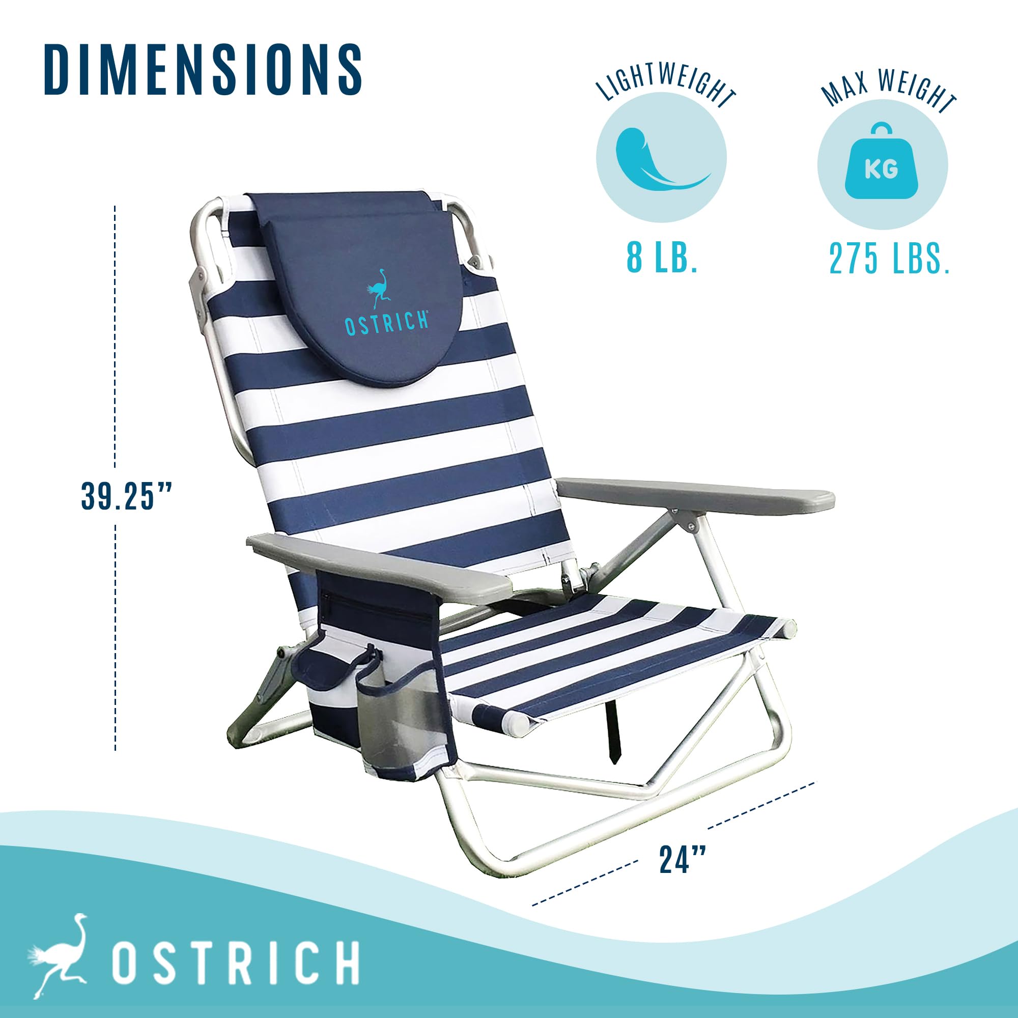 Ostrich On-Your-Back Sand Chair - Portable Beach Recliner with Backpack Straps - Lightweight Outdoor Lounge Chair for Pool, Camping, Backyard & Picnics - Blue Stripe Design - Perfect for Beach Vacations, Tailgating & Outdoor Relaxation