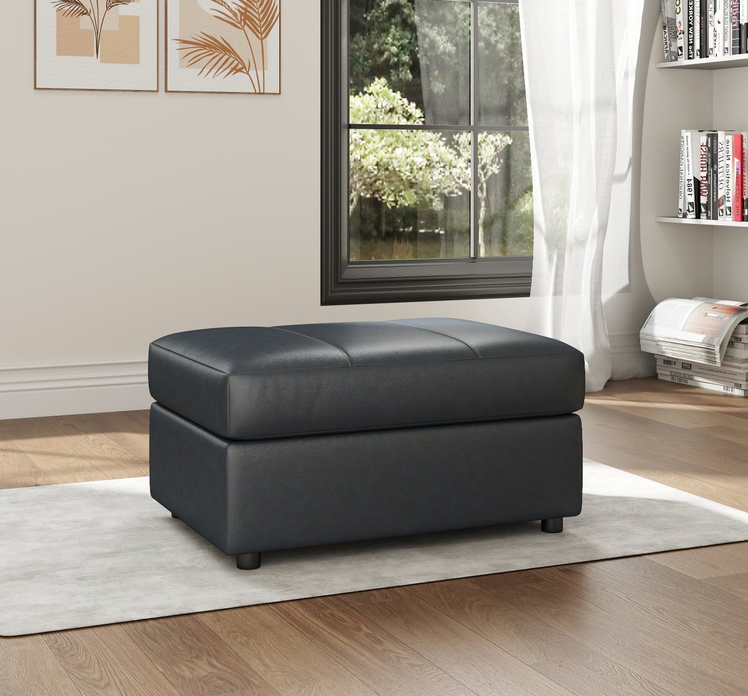 Roundhill Furniture Sakan Leather Upholstered Ottoman - Premium Leather Footrest Stool with Storage for Living Room, Bedroom & Home Decor