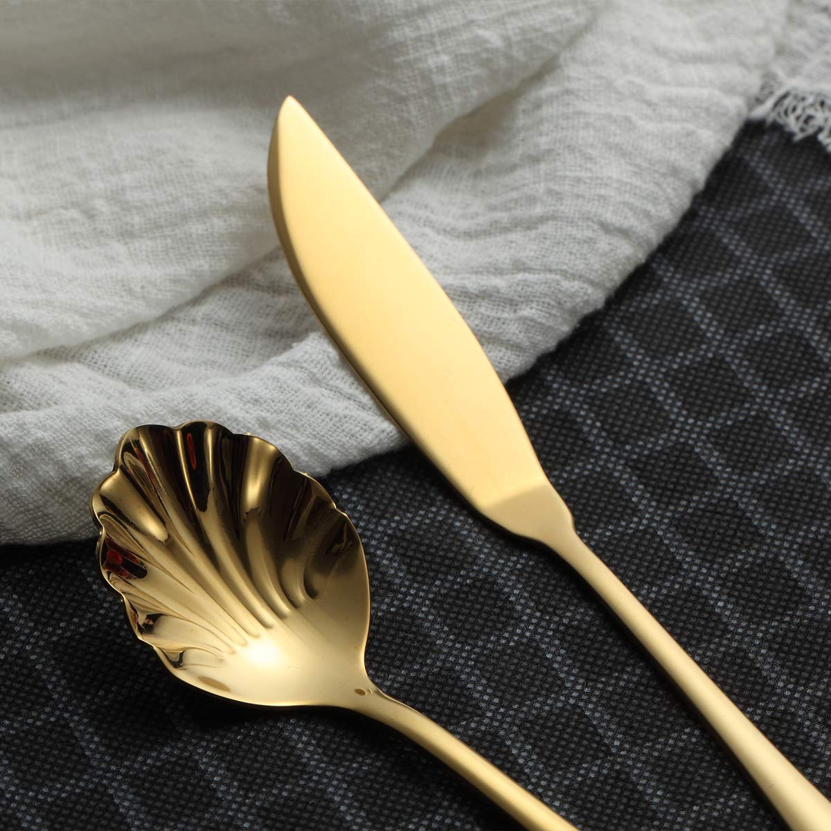 Berglander 6-Piece Stainless Steel Gold Titanium Plated Flatware Set - 5 Serving Utensils + Cake Server - Elegant Golden Silverware for Dinner Parties, Weddings & Formal Dining (Shiny Gold Finish)