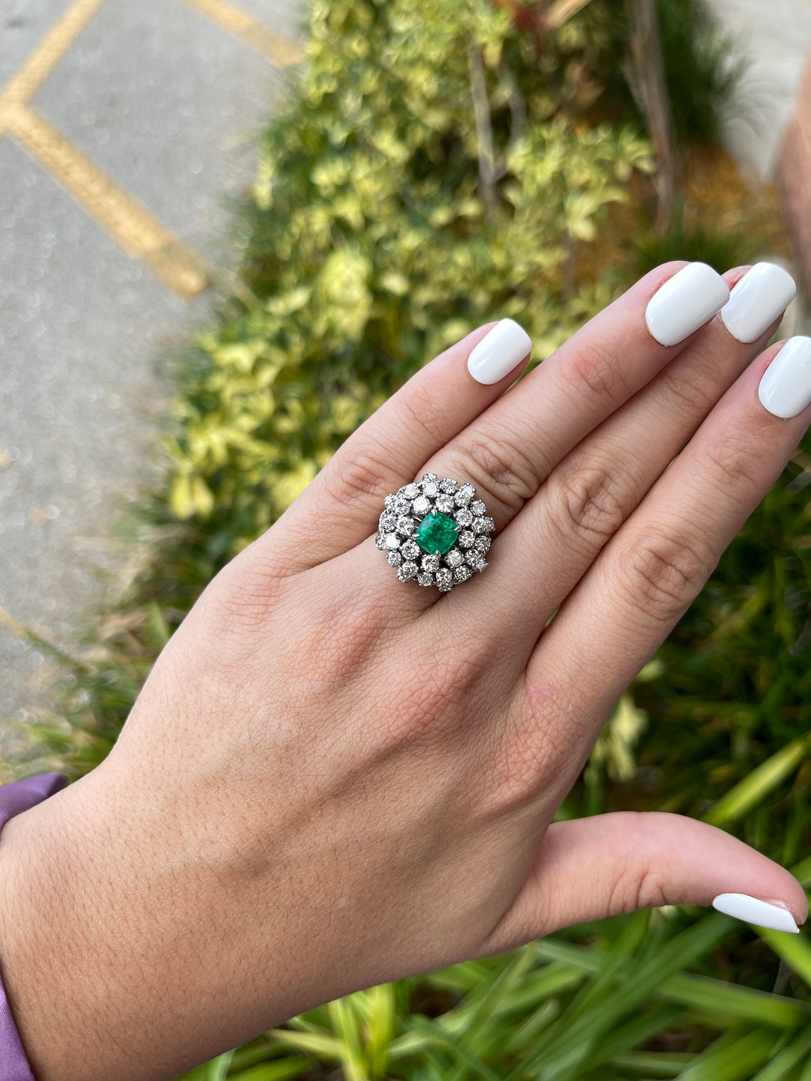 14K White Gold Vintage Cocktail Ring with 5.0tcw Cushion Cut Emerald & Diamonds - Elegant Statement Jewelry for Weddings, Parties & Special Occasions