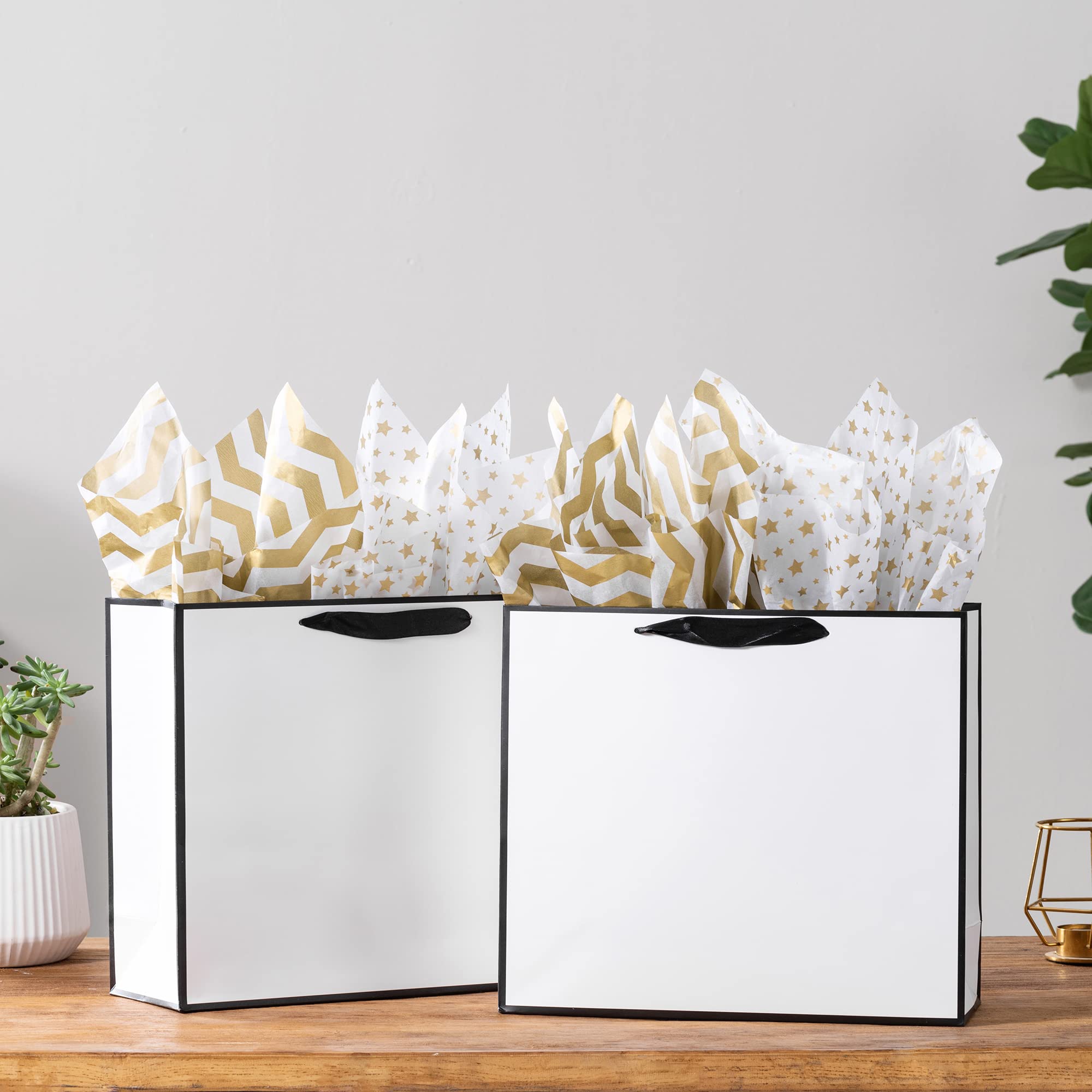 SHIPKEY 12 Pack White Gift Bags with Tissue Paper - 12.5x4.5x11 Inches Large Paper Bags with Ribbon Handles for Birthday, Wedding, Baby Shower & Holiday Gifts