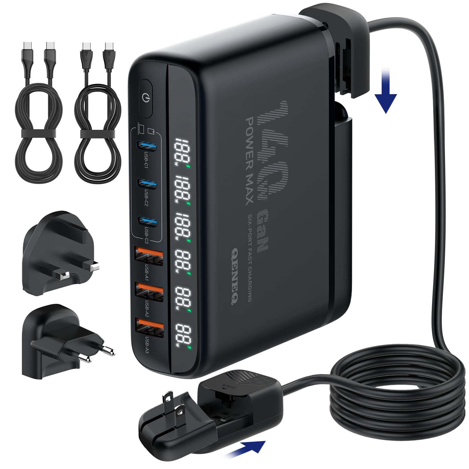 140W GaN USB C Fast Charger Block - 6 Port USB Charging Station Hub with 100W PD for Laptop - Compatible with MacBook Pro/Air, iPad, iPhone 16/15, Steam Deck, Dell XPS, Samsung Galaxy - Perfect for Travel, Office & Home Charging Needs
