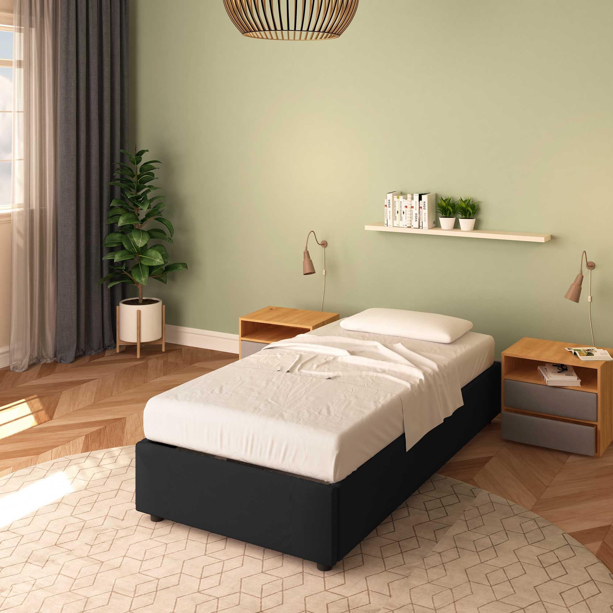 Baldiflex Cloe Fabric Square and Half Bed Frame with Storage, No Headboard, Slatted Base for Mattress, 100 x 200 cm, Black - Perfect for Small Bedrooms, Guest Rooms & Modern Apartments