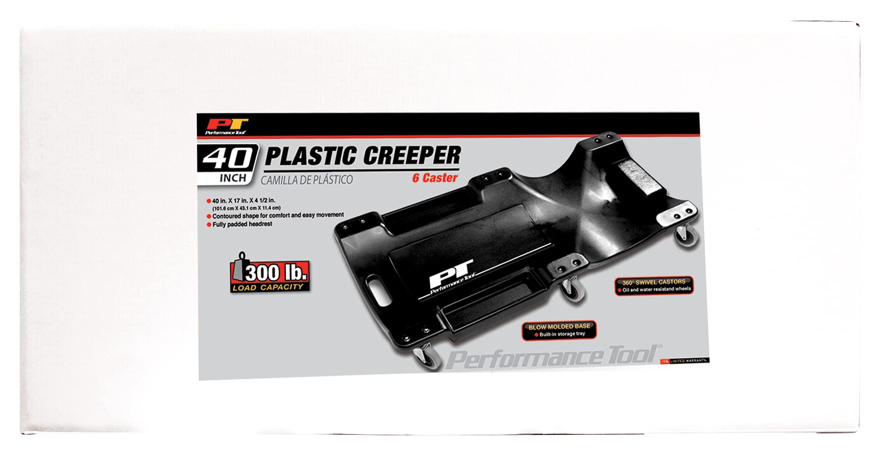 PERFORMANCE TOOL W85006 Wilmar 40-Inch Heavy-Duty Plastic Creeper with 6 Smooth-Rolling Casters - Ideal for Auto Mechanics, DIY Car Repairs & Under-Vehicle Maintenance