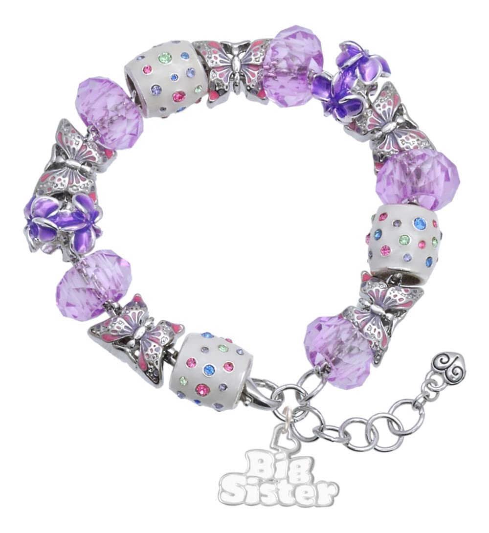 Delight Jewelry Silver Tone 'Big Sister' Heart & Purple Butterfly Bead Charm Bracelet - 7