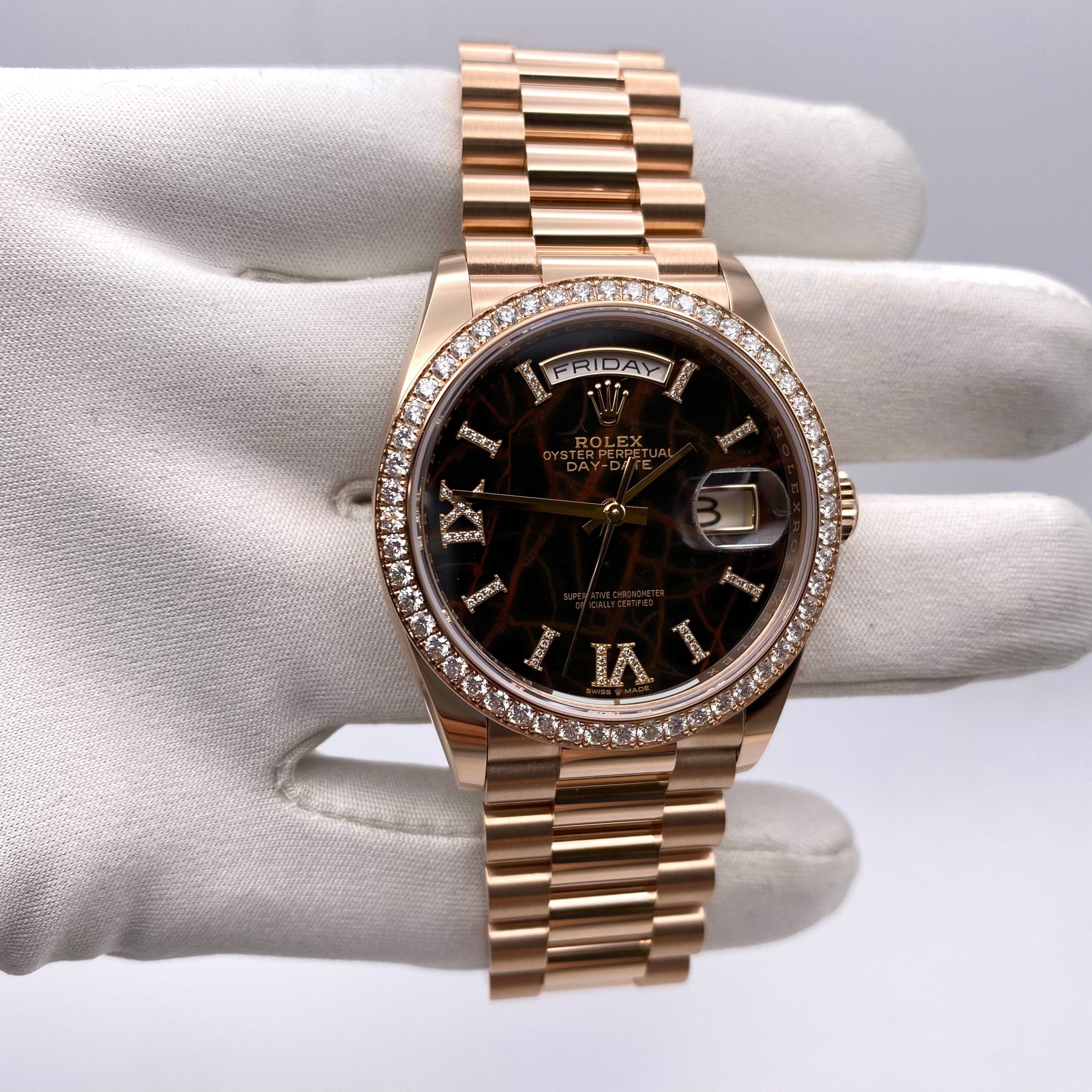 Rolex Day Date 36 128345RBR 18K Rose Gold Watch with Diamond Dial & Eisenkiesel Stone - Luxury Men's Watch for Business, Gala & Special Occasions