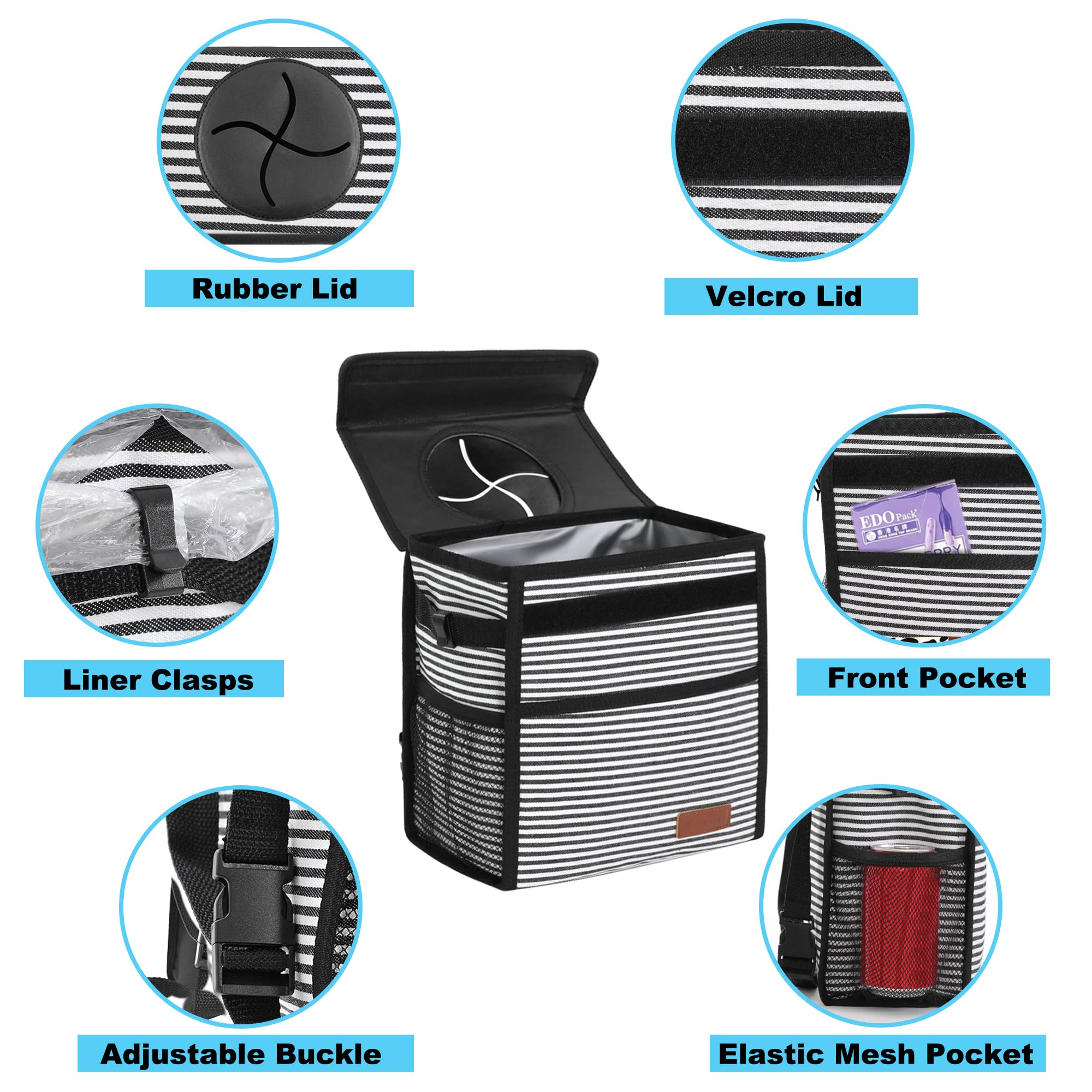Femuar Leak-Proof Waterproof Car Trash Can with Lid & Storage Mesh Pocket - Large Capacity Vehicle Garbage Bag for Road Trips, Commuting & Family Travel (Stripe Design)