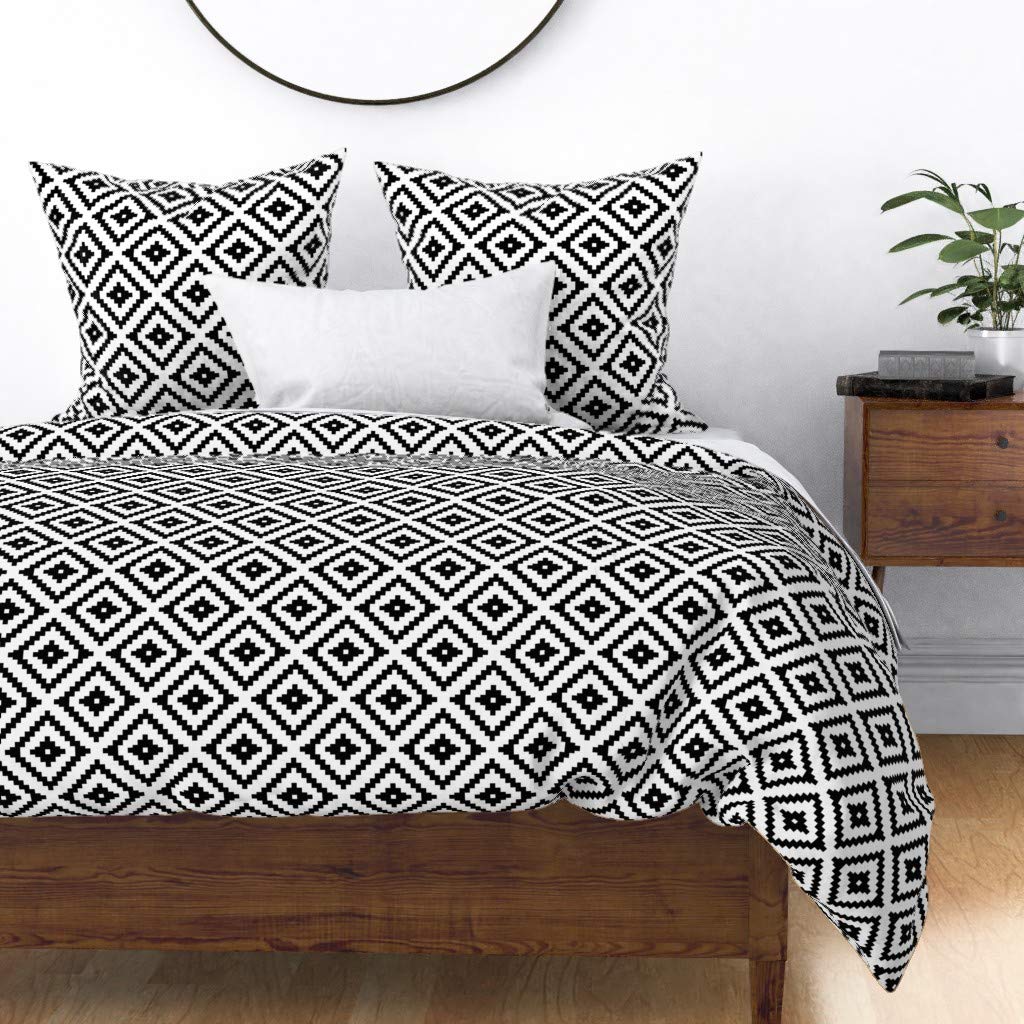 Custom Black & White Monochrome Tribal Diamonds Print Cotton Sateen Duvet Cover - Full/Queen Size | Spoonflower Premium Bedding for Modern & Bohemian Bedrooms