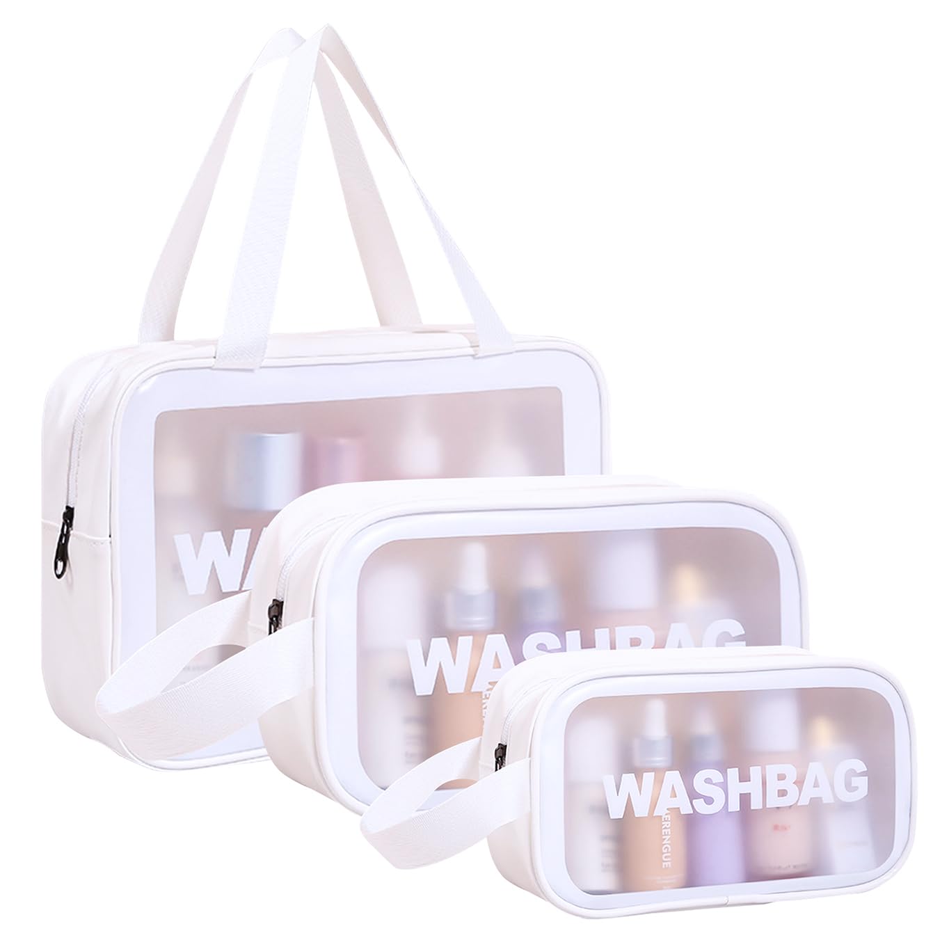3 Pack Clear Waterproof Travel Toiletry Bags for Women - Transparent Cosmetic & Makeup Organizer - Shower Essentials Storage for Gym, Vacation, Business Trips (White)