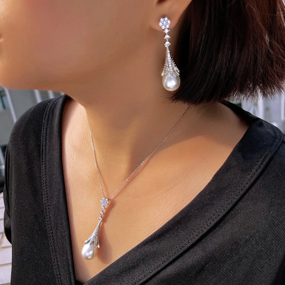 Anjou Pearl and Cubic Zirconia Bridal Jewelry Set - Wedding Necklace & Earrings for Bride, Bridesmaids, and Formal Occasions