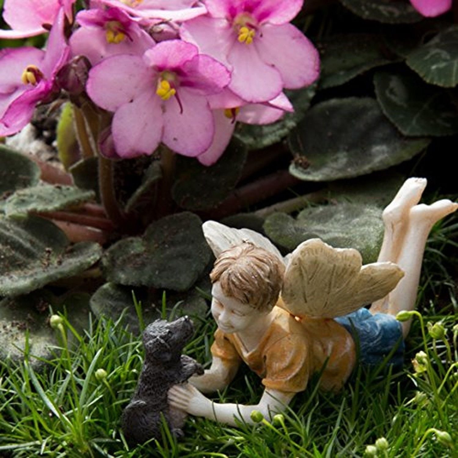 Limited Edition Miniature Fairy Garden Boy Fairy with Dog Ross and Winston - Model 74 for Home Decor, Garden & Outdoor Display | Perfect for Fairy Garden Enthusiasts, DIY Miniature Landscapes, and Whimsical Outdoor Decor