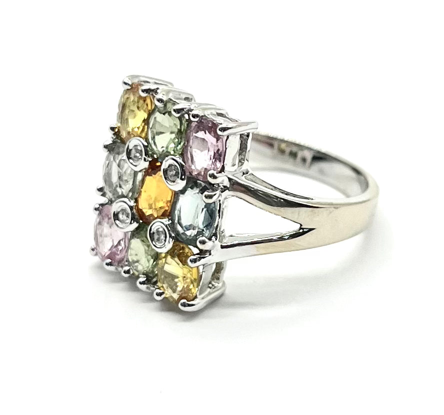 14K White Gold Multi Stone Ring for Women - Elegant Stackable Band with Diamond & Gemstones - Perfect for Engagement, Wedding & Anniversary Gifts