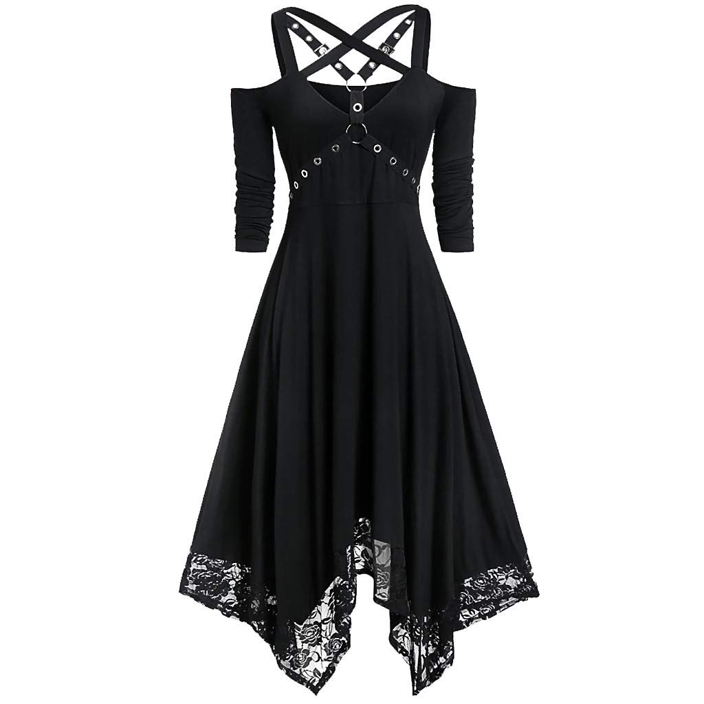 Plus Size Gothic Steampunk Halloween Dress - Black Lace Sheer Swing Midi with Strappy Half Sleeves | Vintage Irregular Design for Costume Parties & Cosplay Events
