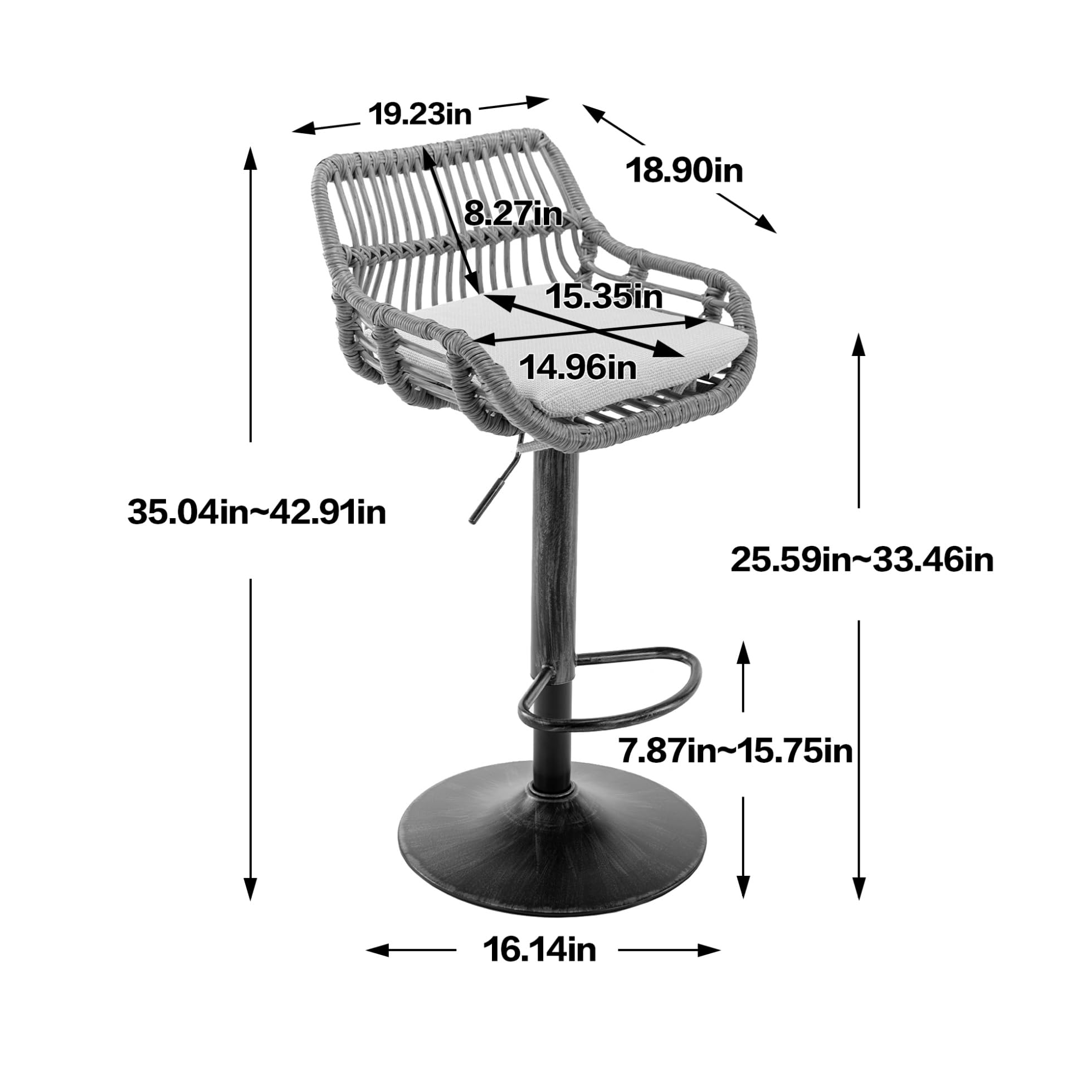 2-Pack Swivel Bar Stools with Adjustable Height - Rattan Counter Stools with Linen Cushion & Metal Base, Footrest - Blue Kitchen Island Chairs for Dining Room, Pub, or Breakfast Nook