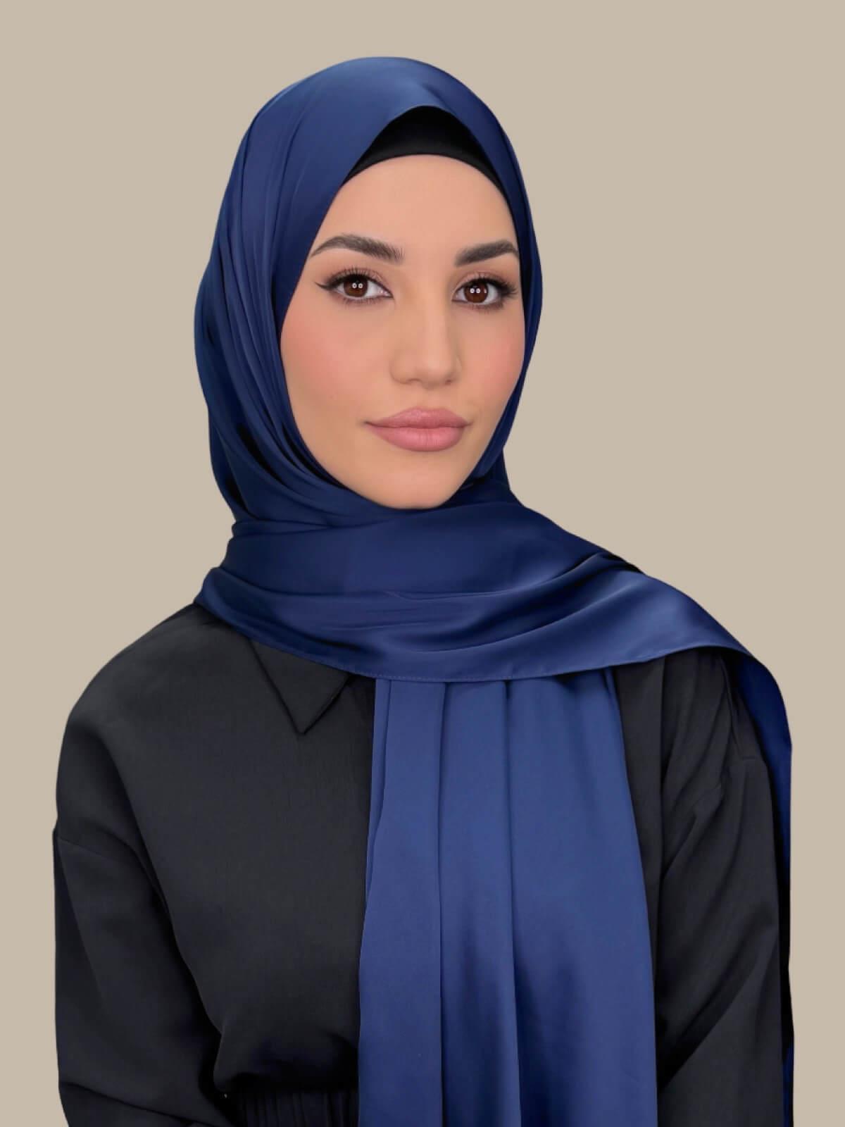 Premium Satin Hijab Scarf - Navy Blue Muslim Headscarf for Women - Perfect for Daily Wear, Prayer & Special Occasions