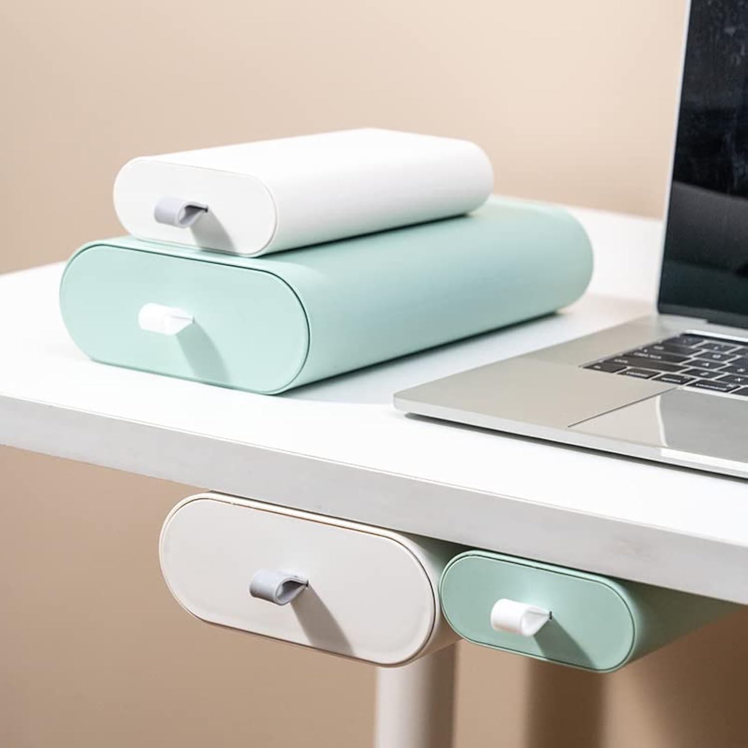Hidden Self-Adhesive Under Desk Drawer Organizer - Large White Plastic Storage Solution for Office, School, Kitchen & Home - Perfect for Storing Stationery, Utensils & Small Items Under Work Desks or Countertops