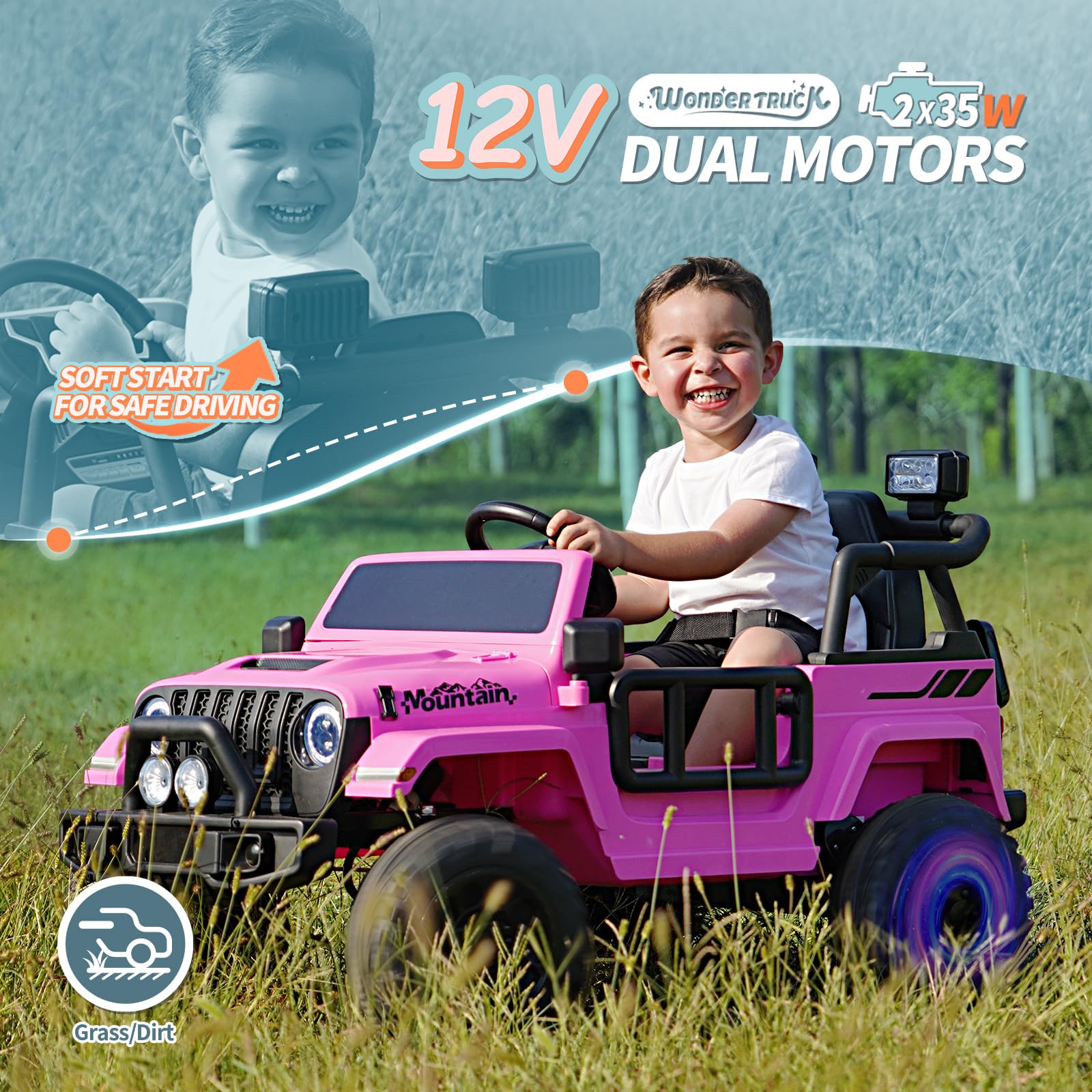 Joywhale 12V Kids Ride on Truck - Battery Powered Electric Car with Remote Control, 4-Wheel Suspension, LED Lights & Music - Pink Motorized Vehicle for Boys & Girls | Perfect for Birthday Gifts, Outdoor Play & Backyard Fun