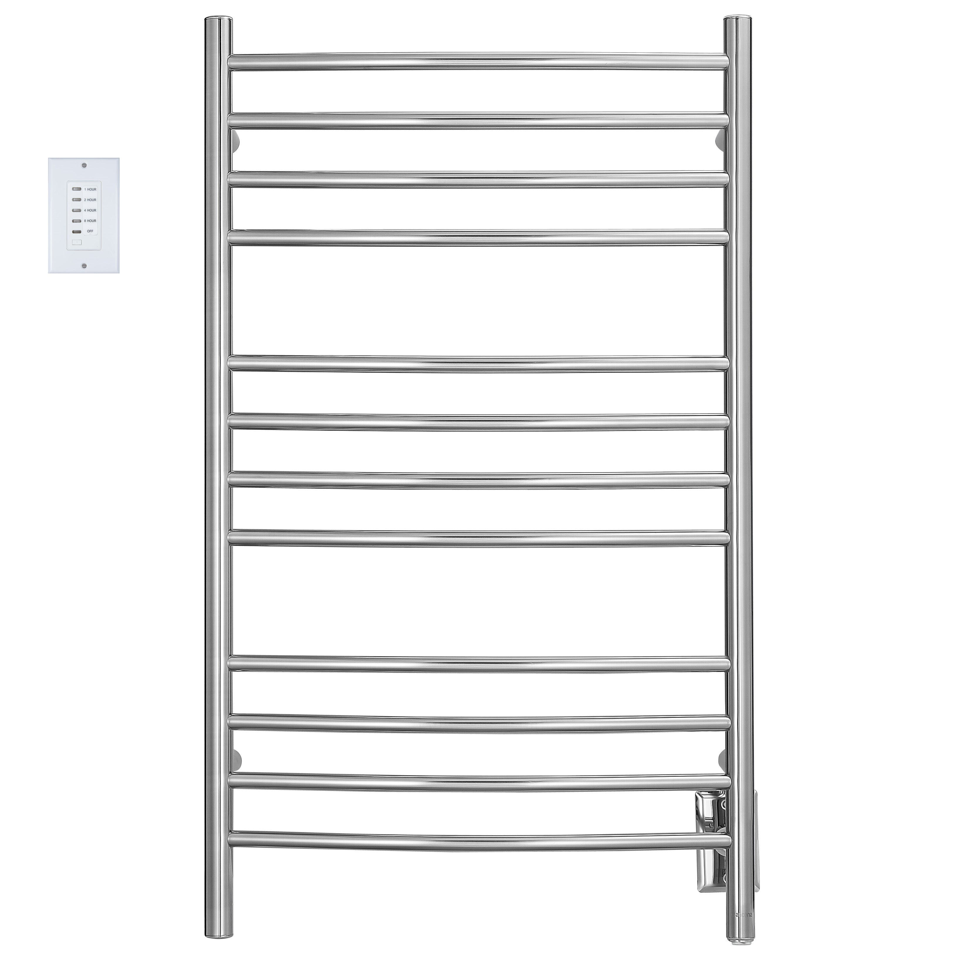 Lustra Dual 12 Curved Bar Towel Warmer - Hardwired & Plug-in Polished Stainless Steel with Countdown Timer - Perfect for Bathrooms, Spas & Luxury Home Heating