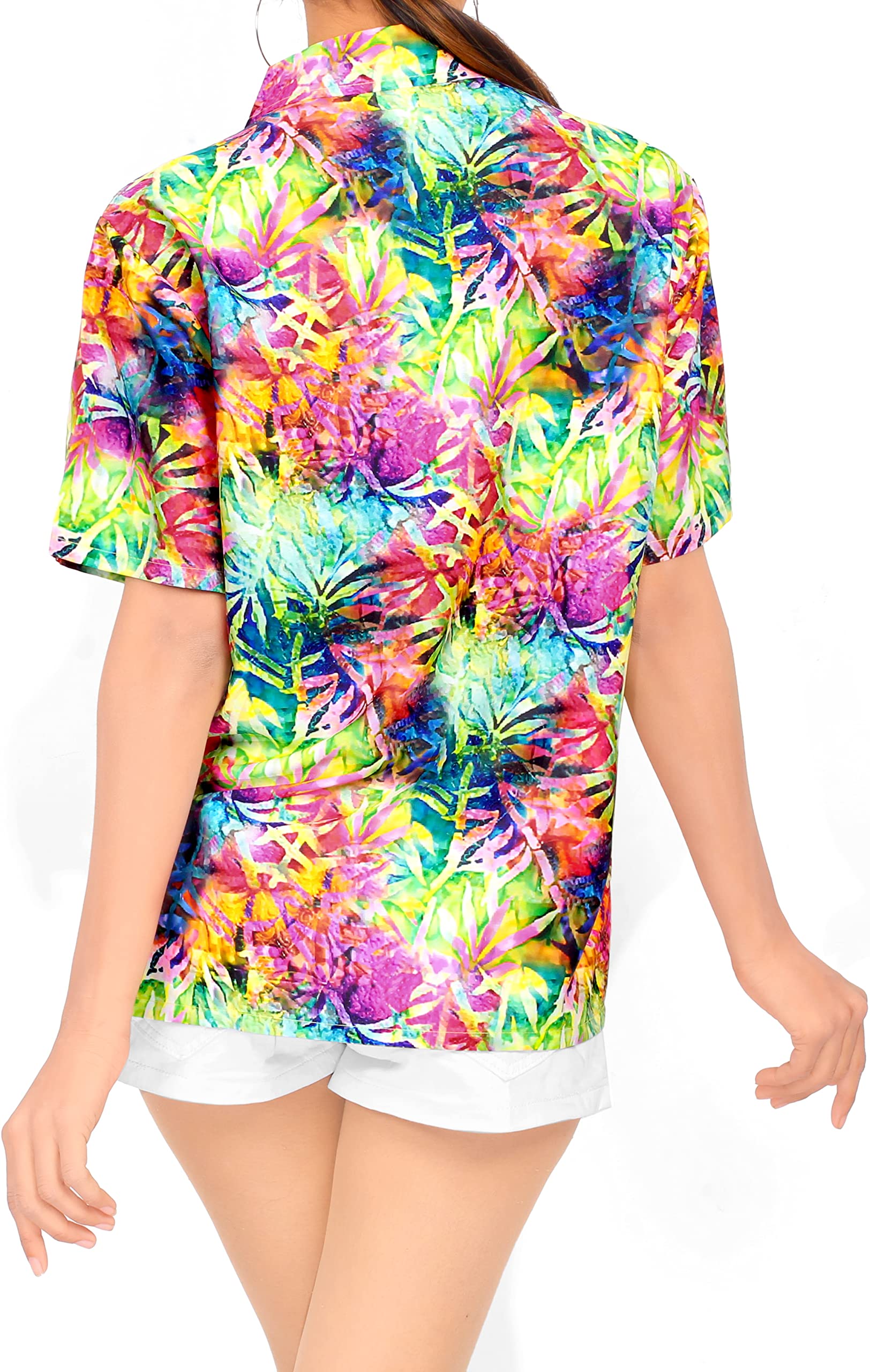 LA LEELA Women's Short Sleeve Hawaiian Blouse - Tropical Floral Print Beach Shirt for Summer Vacation, Pool Party & Casual Outfit