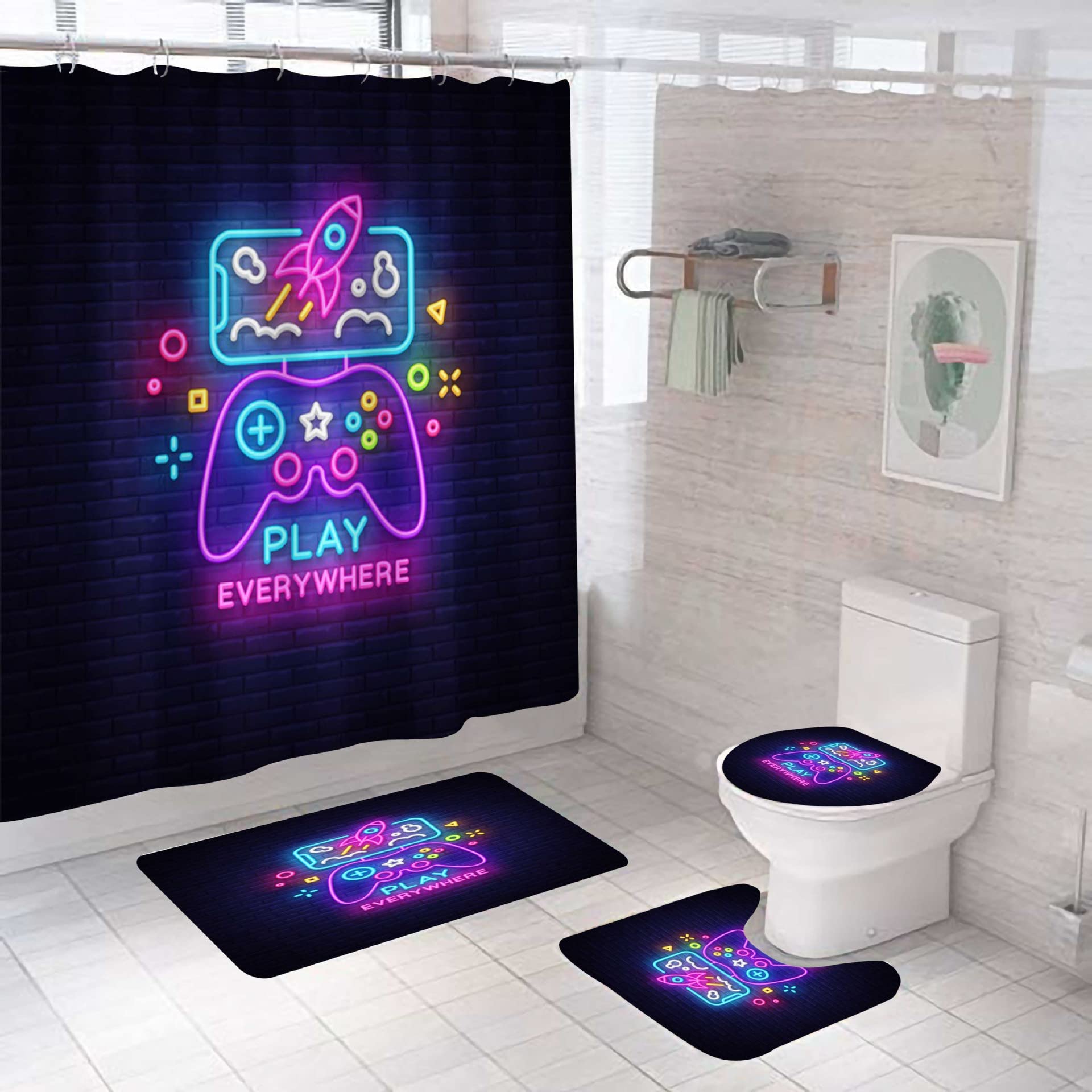 3D Digital Printing Game Shower Curtain - Waterproof Polyester Fabric Bath Curtain with Matching Floor Mat - Fun Bathroom Decor for Gamers & Kids - Perfect for Themed Bathrooms, Game Rooms, and Birthday Gifts