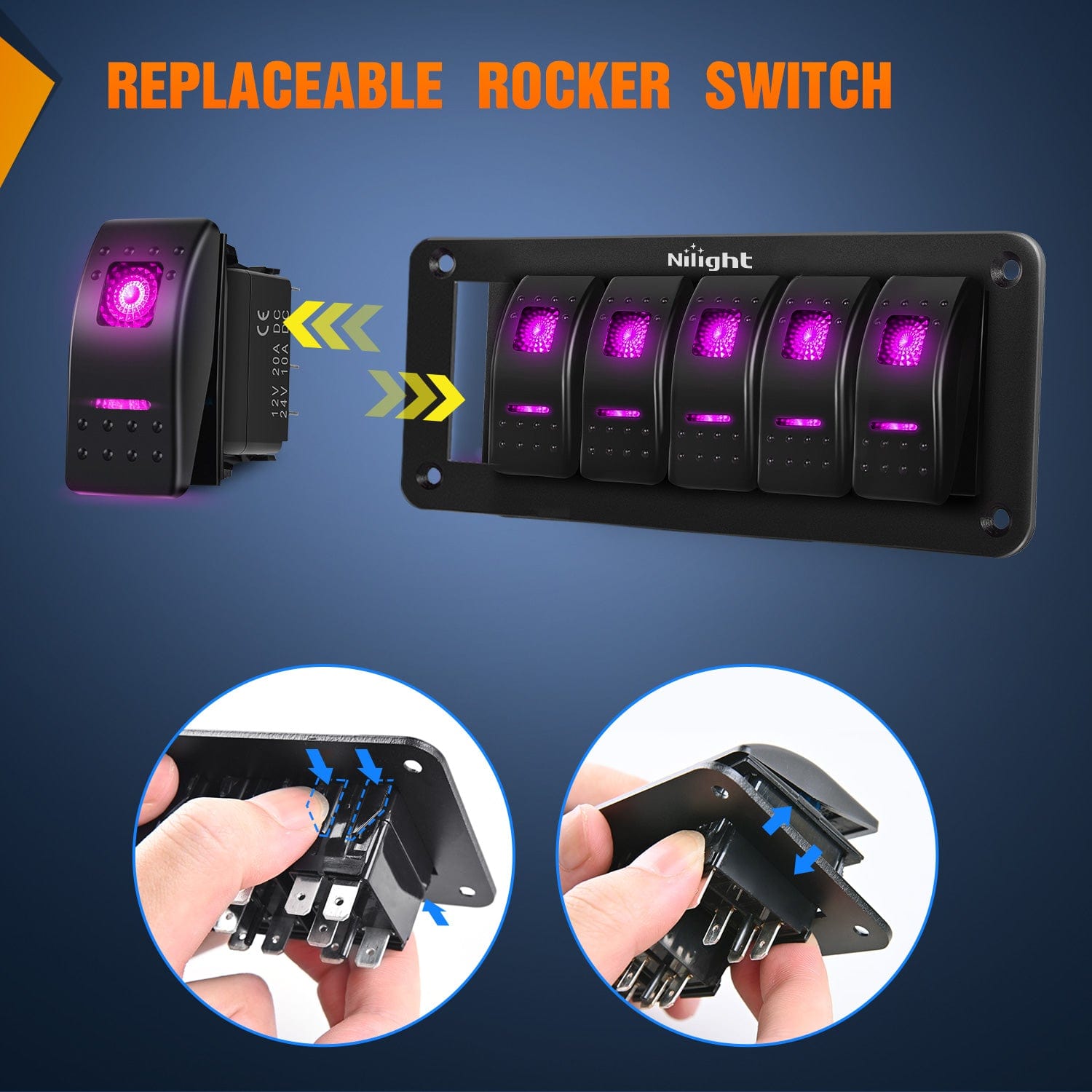 6 Gang Aluminum 5 Pin ON/Off Rocker Switch Panel - Purple LED Illuminated for Marine, RV, Truck & Boat Dashboard Control Panel