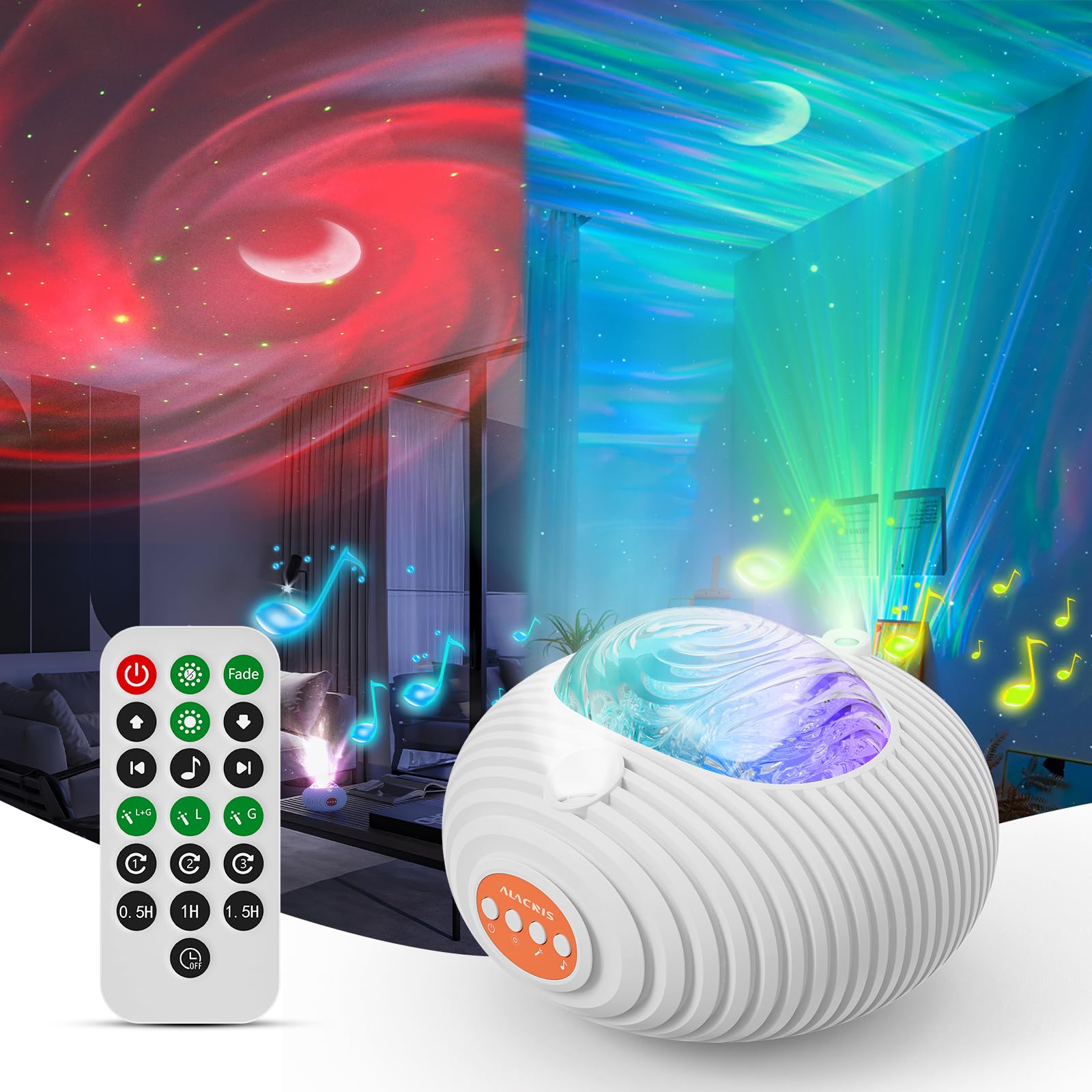ALACRIS Galaxy Projector - 4-in-1 Star Night Light with Aurora, Spiral Galaxy, Moon & 16 Colors | Timer & White Noise for Bedroom, Nursery, Meditation & Relaxation