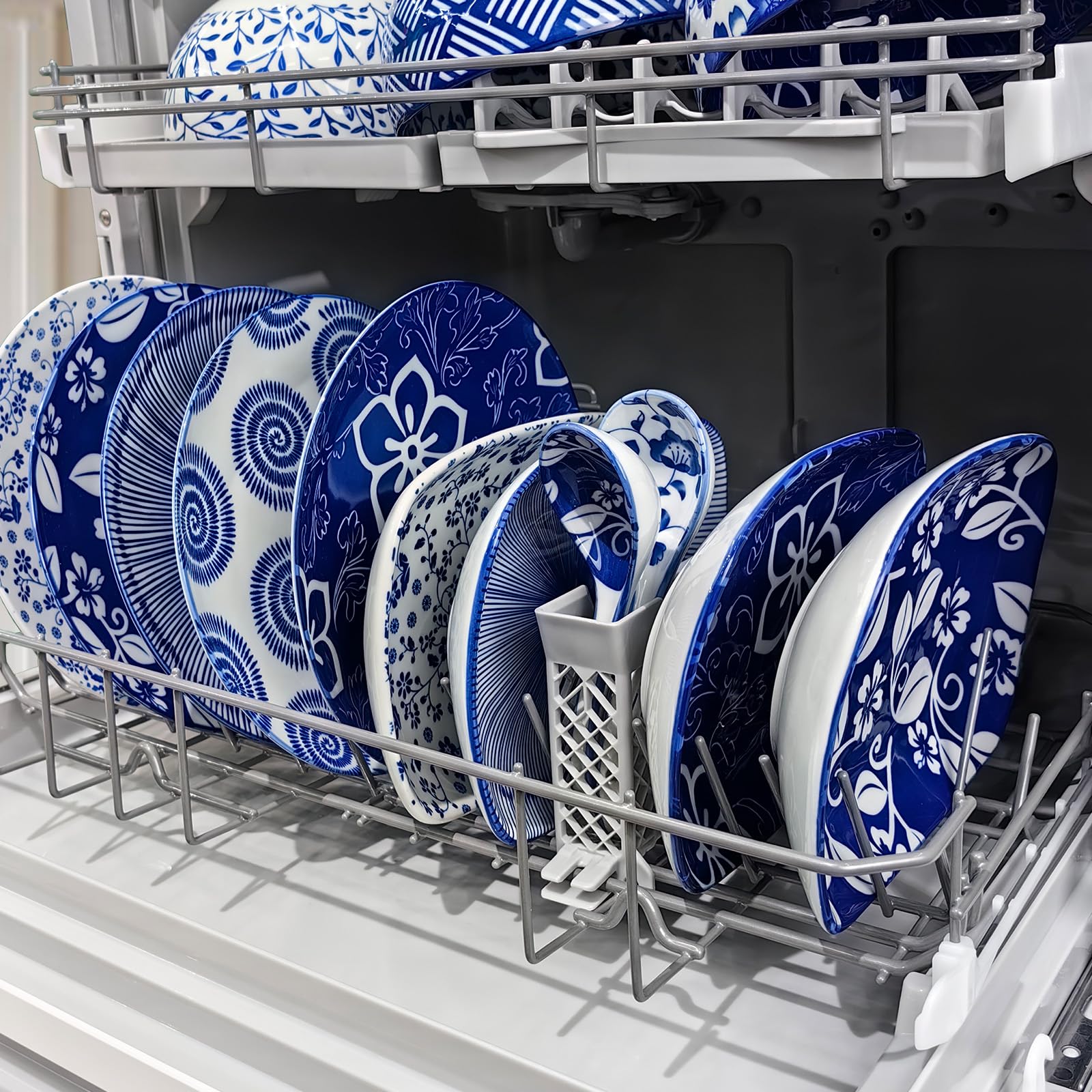 6-Piece Rectangular Ceramic Dinner Plate Set with 6 Spoons - 8 Inch Microwave & Dishwasher Safe Plates for Pasta, Salad, Steak - Blue and White Design - Perfect for Family Dinners, Parties & Restaurant-Style Serving