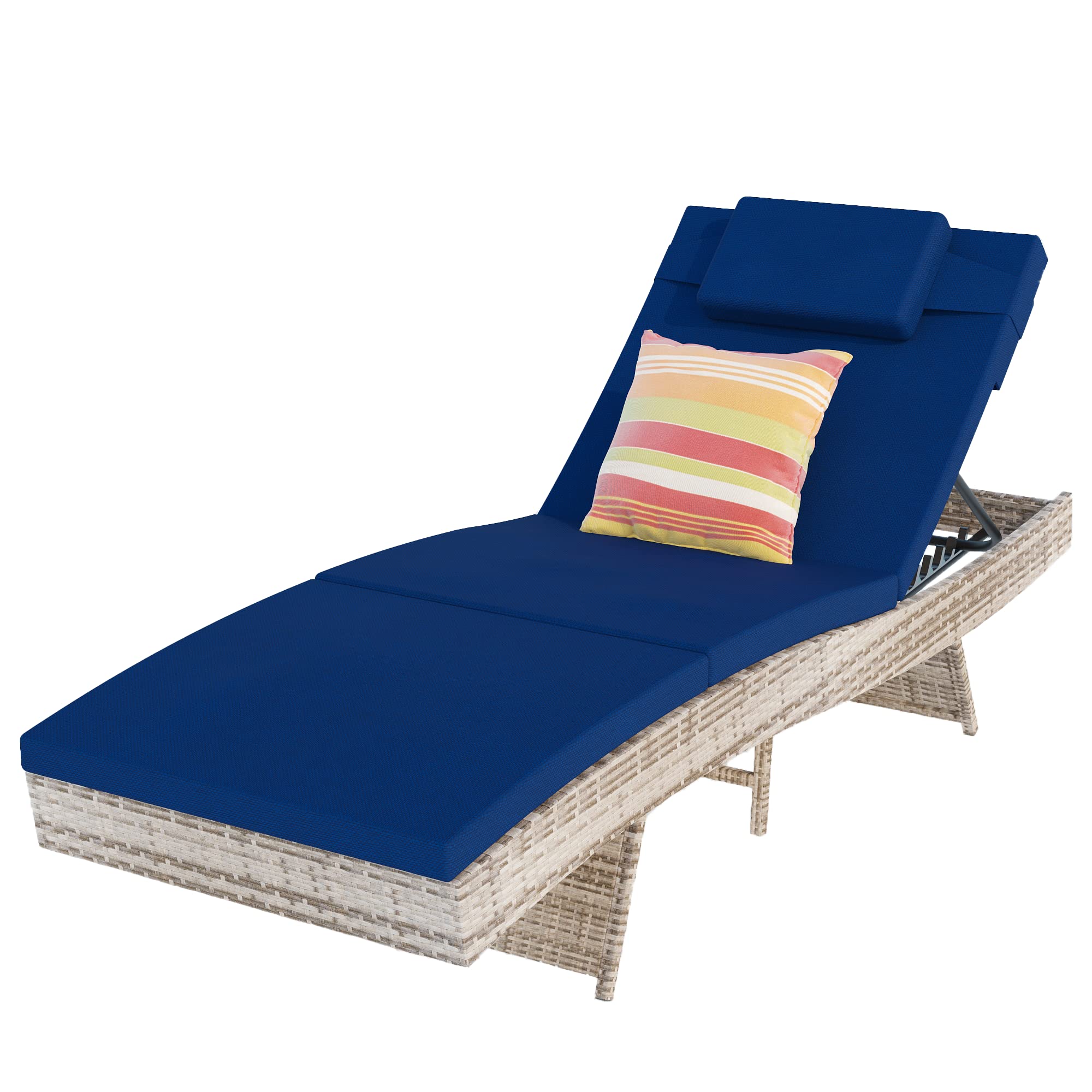 Sundale Outdoor Chaise Lounge Chair - Adjustable Rattan Wicker Patio Lounger with Cushions & Pillows for Deck, Poolside, Garden, Backyard & Indoor Use - Steel Frame in Navy Blue - Perfect for Relaxing, Sunbathing & Outdoor Lounging
