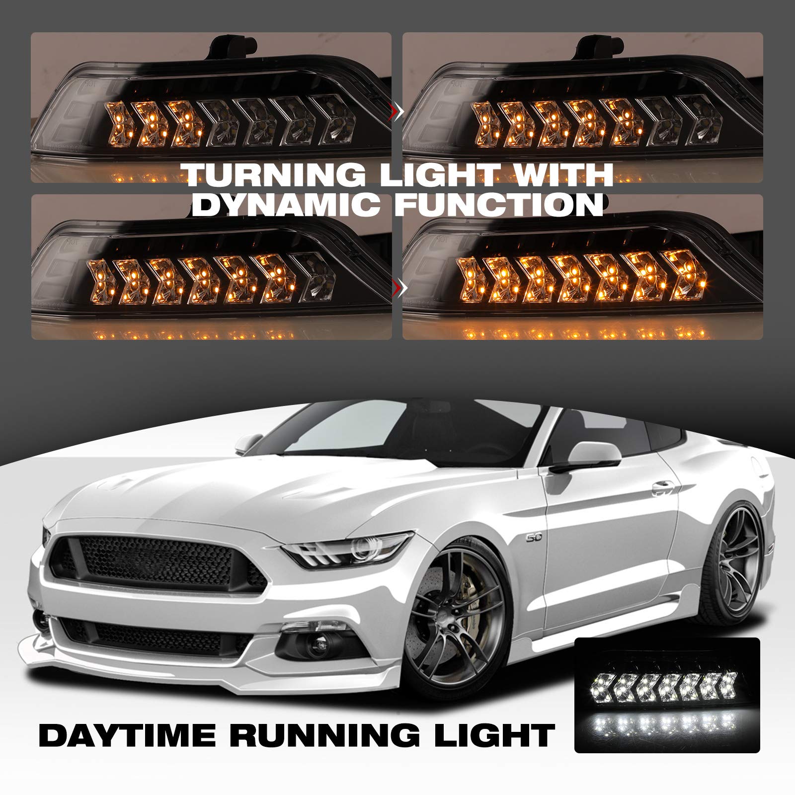 AUTOWIKI LED Turn Signal Lights for 2015-2017 Ford Mustang - Dynamic Sequential Turn Signals & DRL Lights (2PCS) - Upgrade Your Ride with Enhanced Visibility & Style