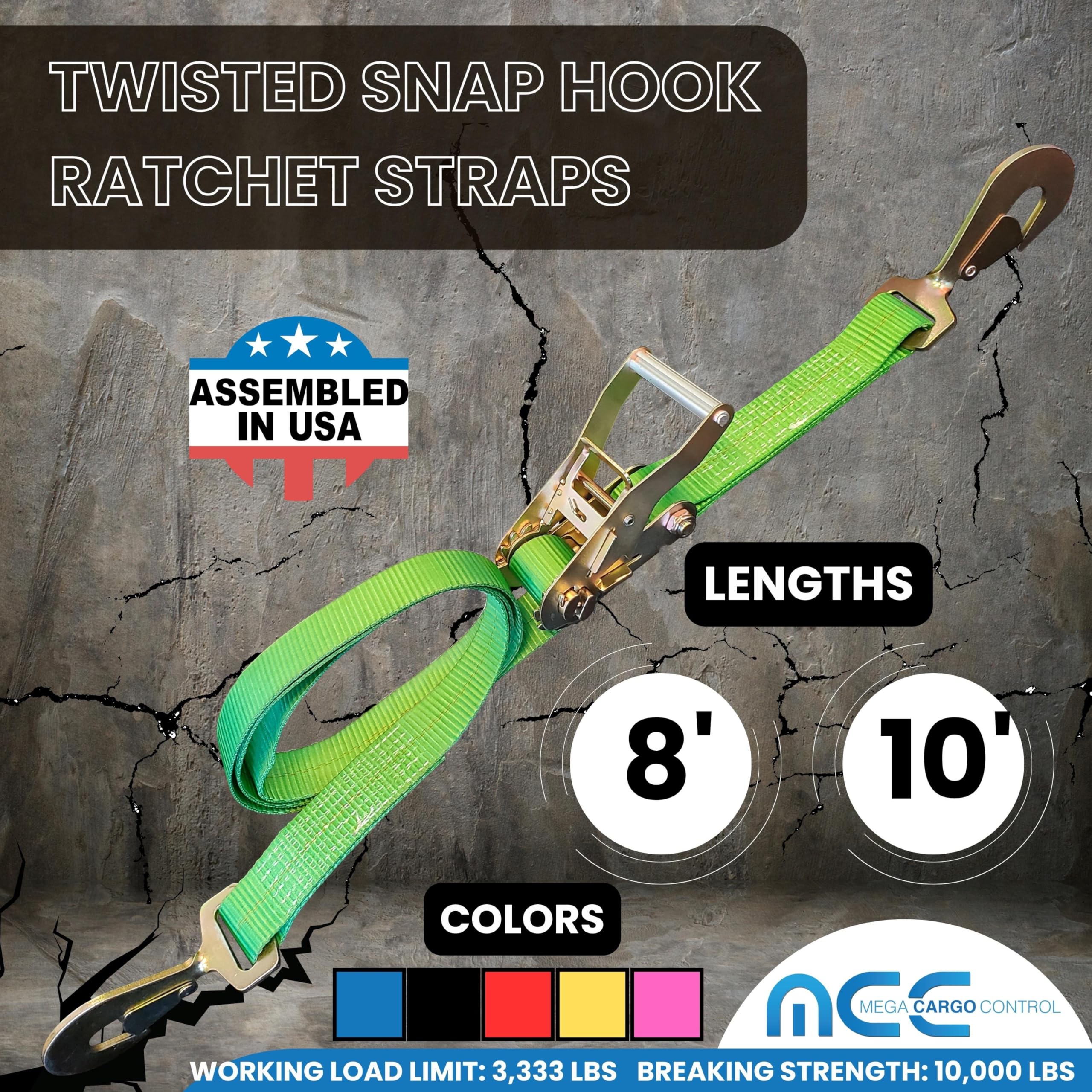 2 Inch x 10 Foot Heavy Duty Ratchet Straps with Twisted Snap Hooks - 3,333 lbs Capacity, Green Tie Down Straps for Flatbed Trailers, Trucks & Cargo Securing (10-Pack) - Perfect for Transporting Motorcycles, ATVs & Construction Equipment