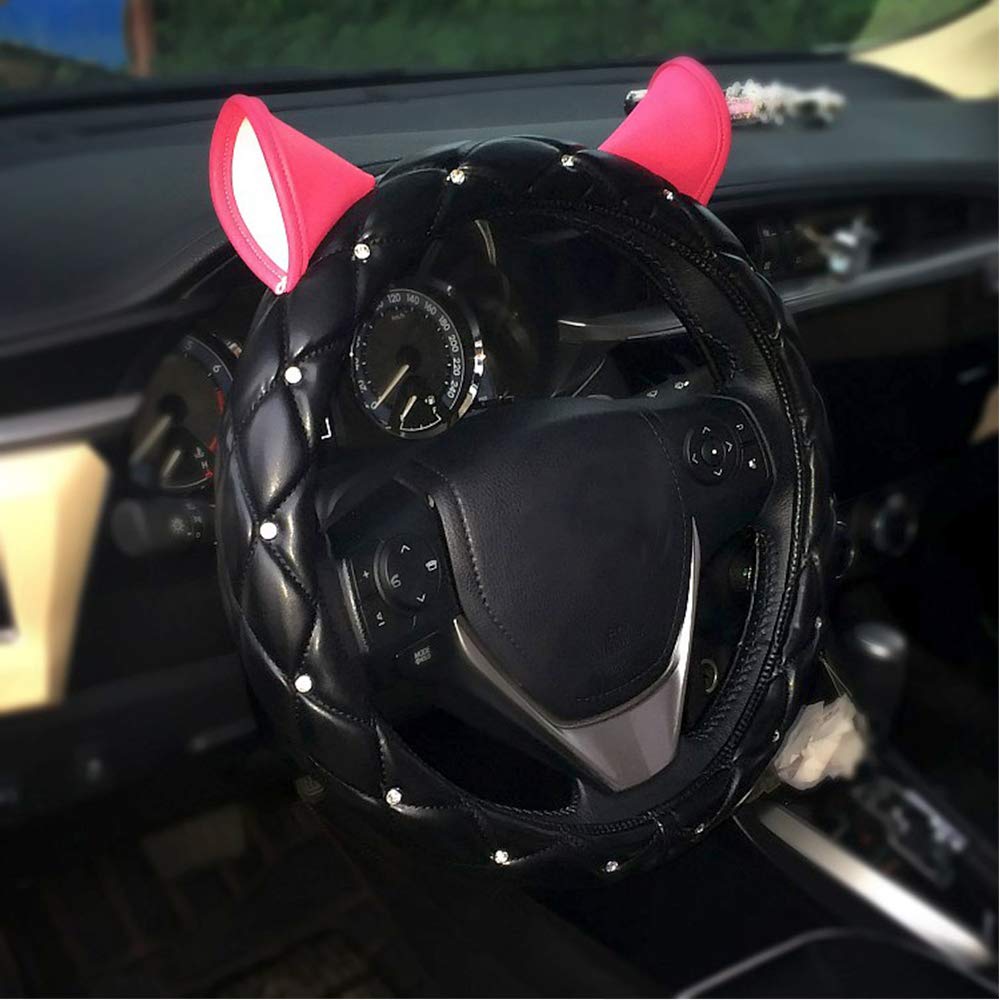 Universal Leather Steering Wheel Cover with Bling Crystal Rhinestones - 15 Inch Cute Black & Rose Red for Women & Men - Car Accessory for Comfort & Style (Perfect for Daily Commute & Road Trips)