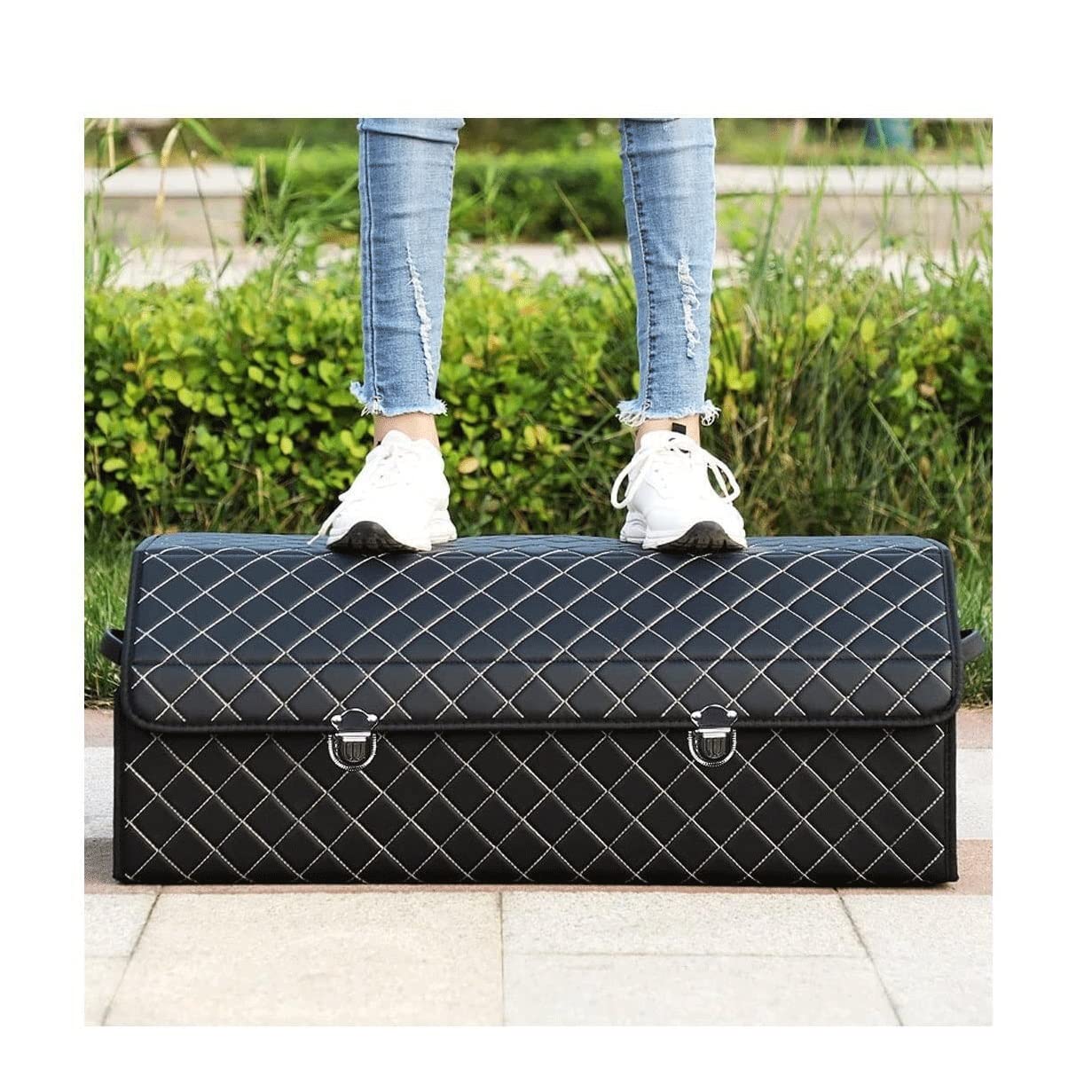 Premium Leather Car Organizer - Collapsible Trunk Storage Box for Travel & Road Trips | Portable Car Accessories for Tidying & Stowing | Black Automotive Storage Solution | Perfect for SUVs, Sedans & Minivans