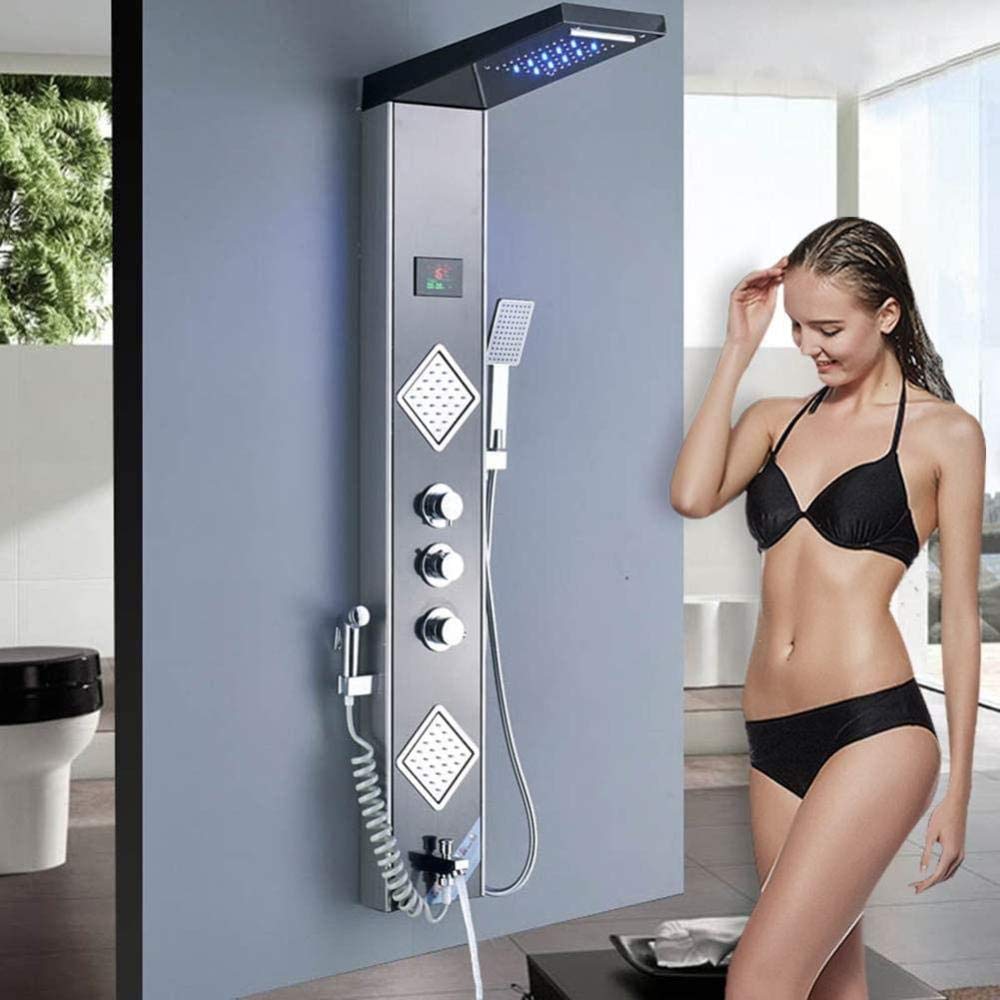 6-Function Stainless Steel LED Shower Panel with Temperature Display - Rain Shower, Massage Jets, Bidet Spray & Handheld Shower for Modern Bathroom Renovation | Spa-Like Experience for Relaxation & Luxury Bathing