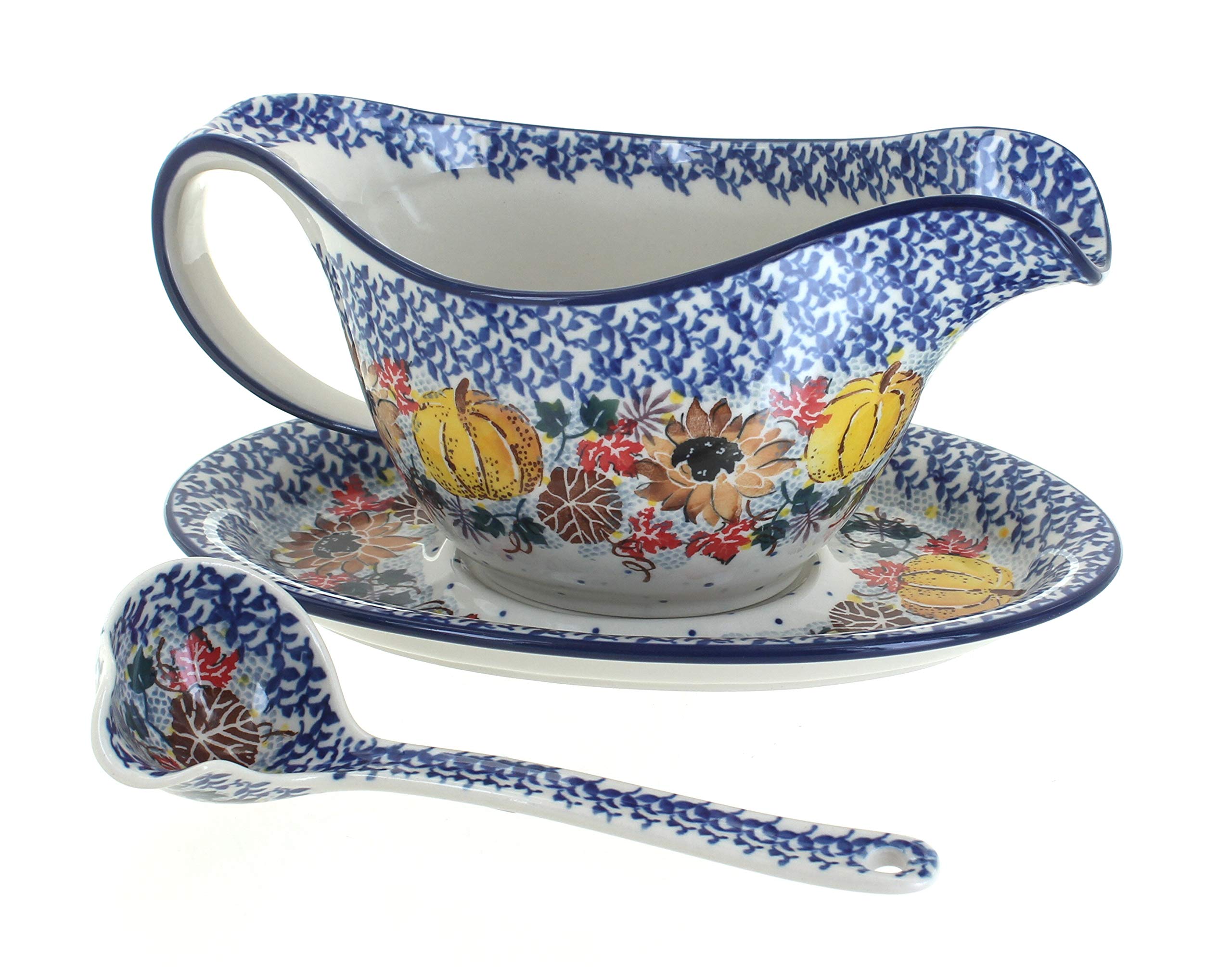 Blue Rose Polish Pottery Harvest Bounty Gravy Boat with Ladle - Elegant Serving Dish for Thanksgiving, Christmas & Holiday Dinners