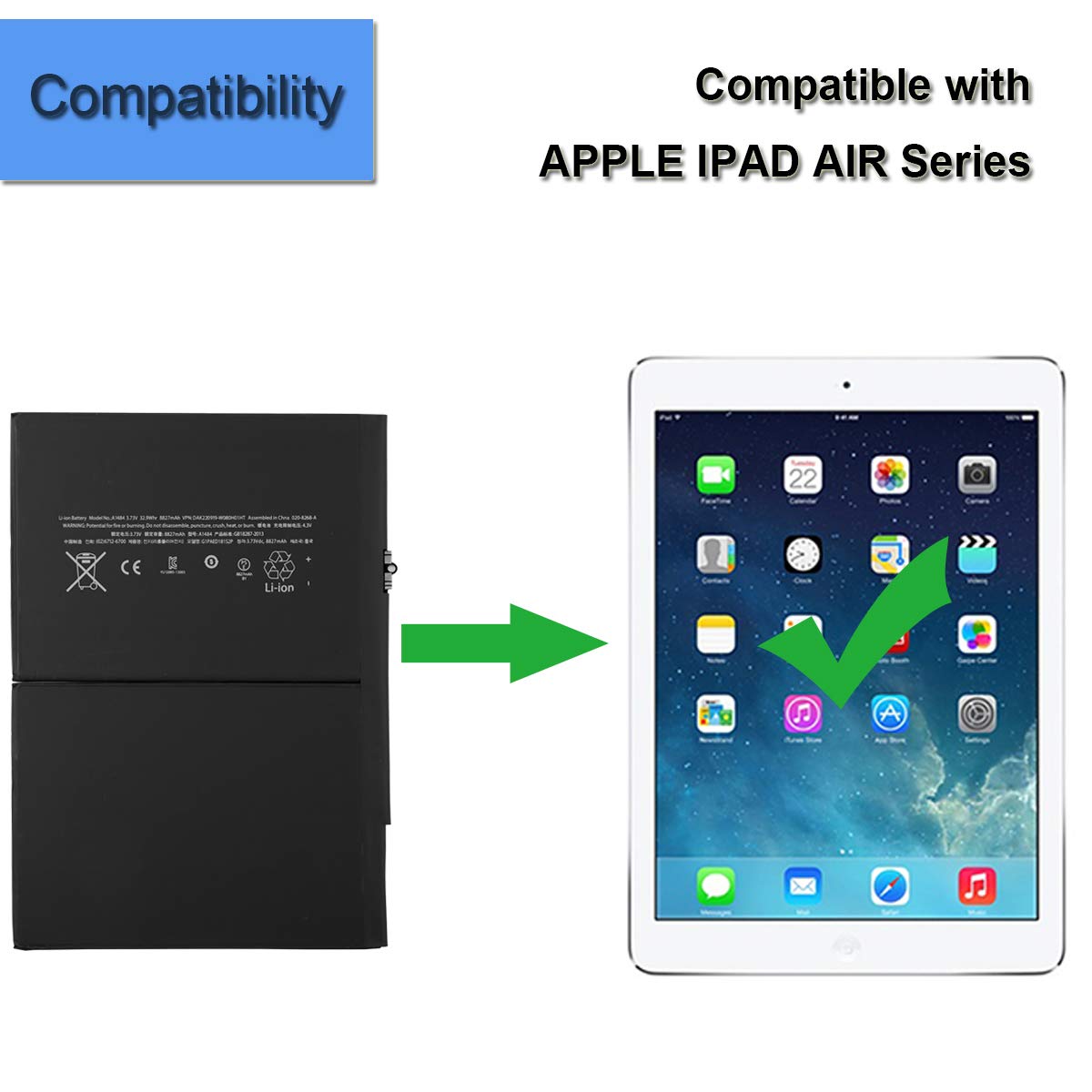 High-Capacity Li-Polymer Replacement Battery A1484 6712-6700 - Compatible with Apple iPad Air A1475/A1474, iPad 5th/6th/7th/8th/9th Gen 9.7