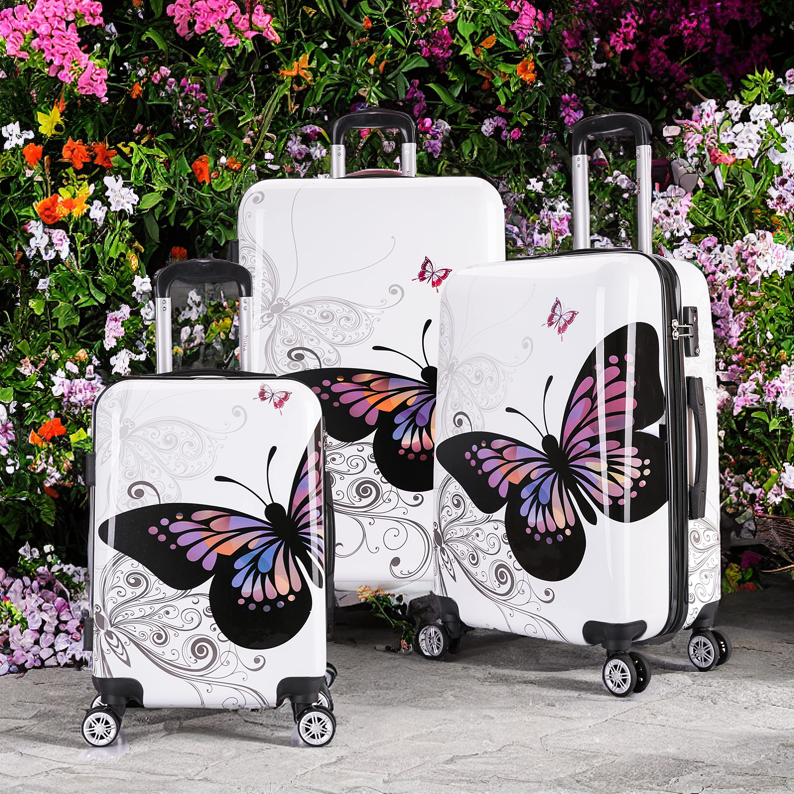 InUSA Butterfly Print Luggage Set with 360° Spinner Wheels - 3-Piece Durable Lightweight Hardside Suitcase (20in, 24in, 28in) for Women Travel | Carry-On & Checked Bag for Airplane, Vacation & Business Trips