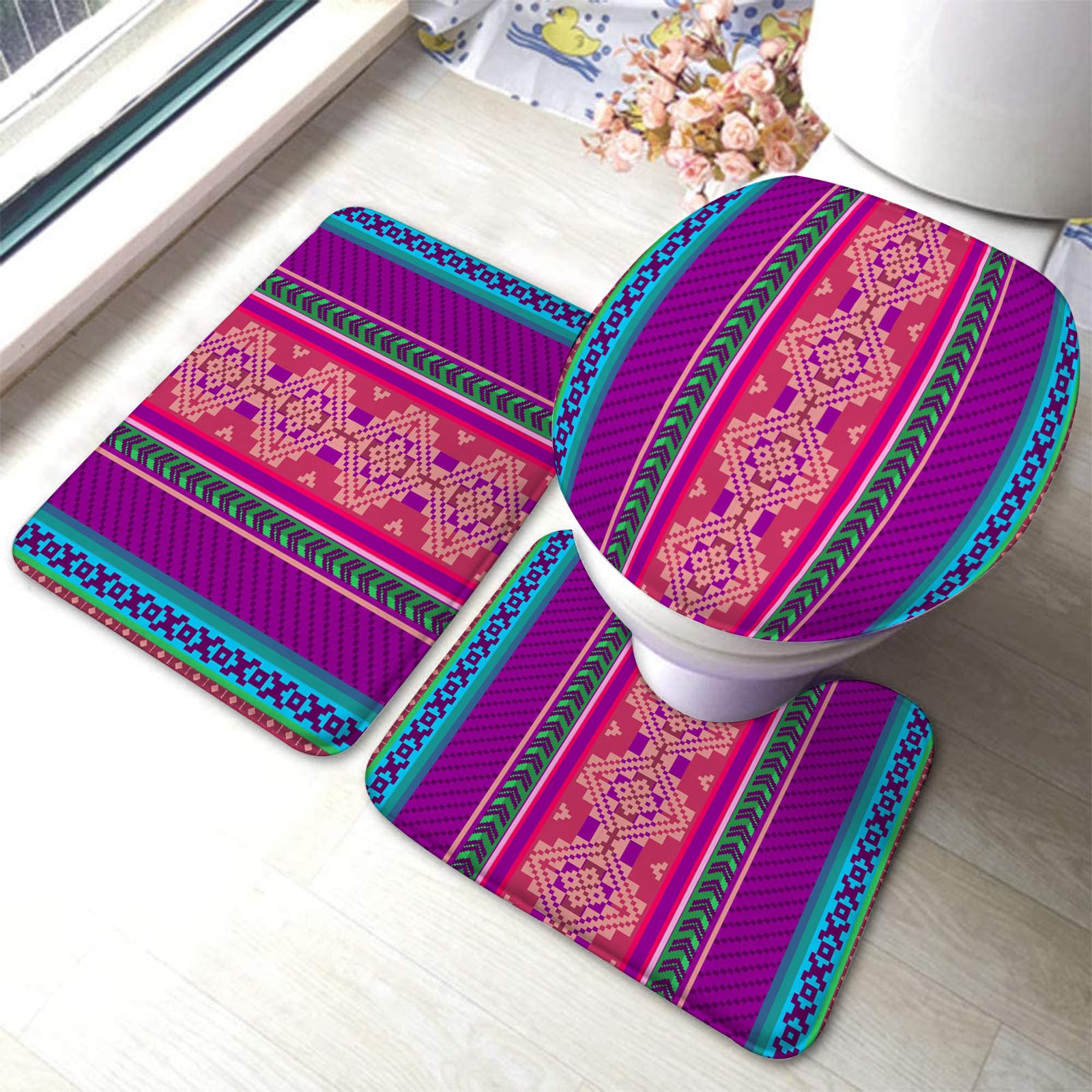 3-Piece Non-Slip Bathroom Rug Set - Absorbent Washable Bath Mats with Ethnic Striped Design for Bathroom, Shower & Vanity Areas - Soft & Decorative Floor Mats for Home, Apartment & Dorm Use