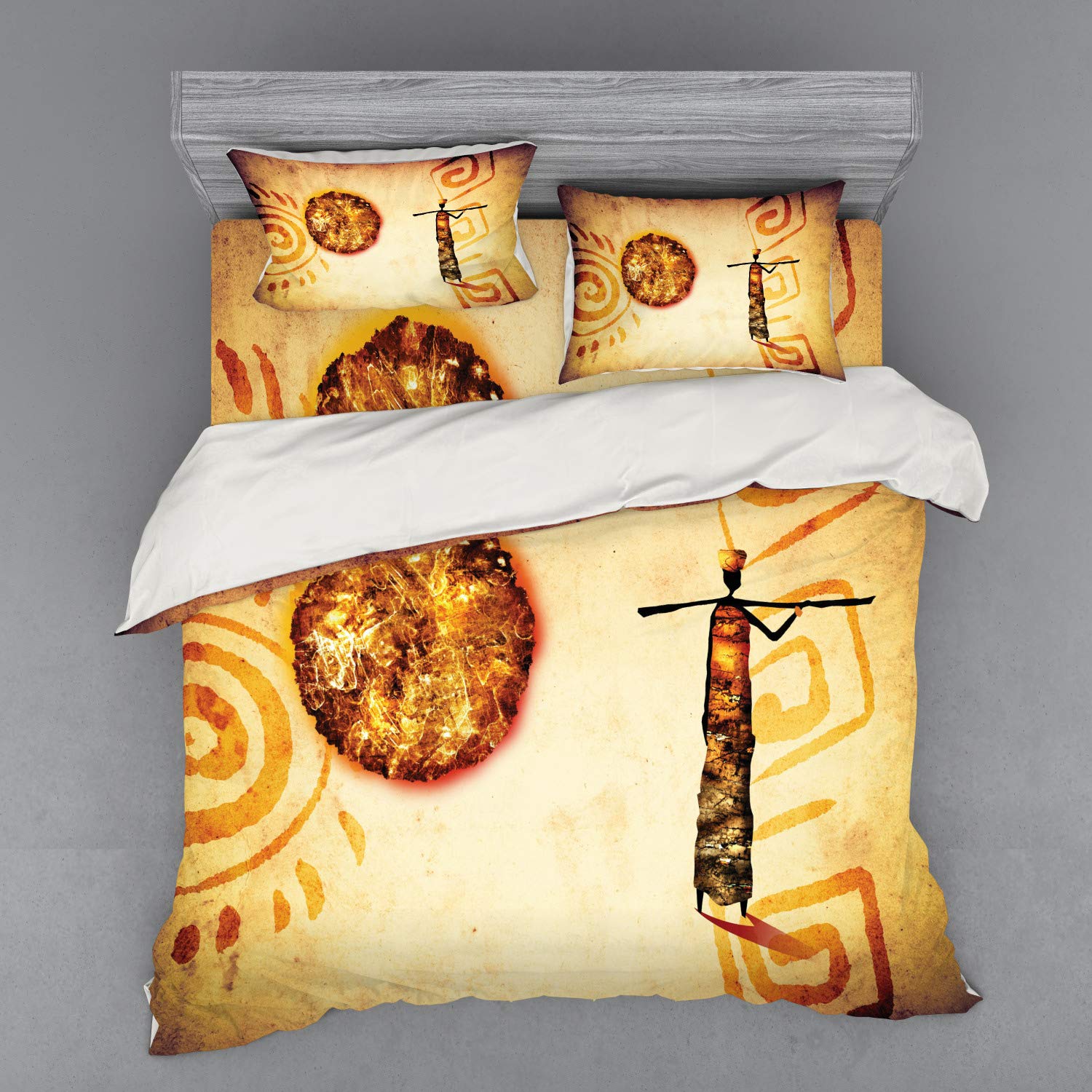 Ambesonne African Duvet Cover Set - Exotic Sun & Infinity Cultural Pattern 4-Piece Bedding (King Size, Brown/Tan) with Shams & Fitted Sheet | Perfect for Boho Bedroom Decor, Guest Room Makeover & Cultural Themed Home Styling