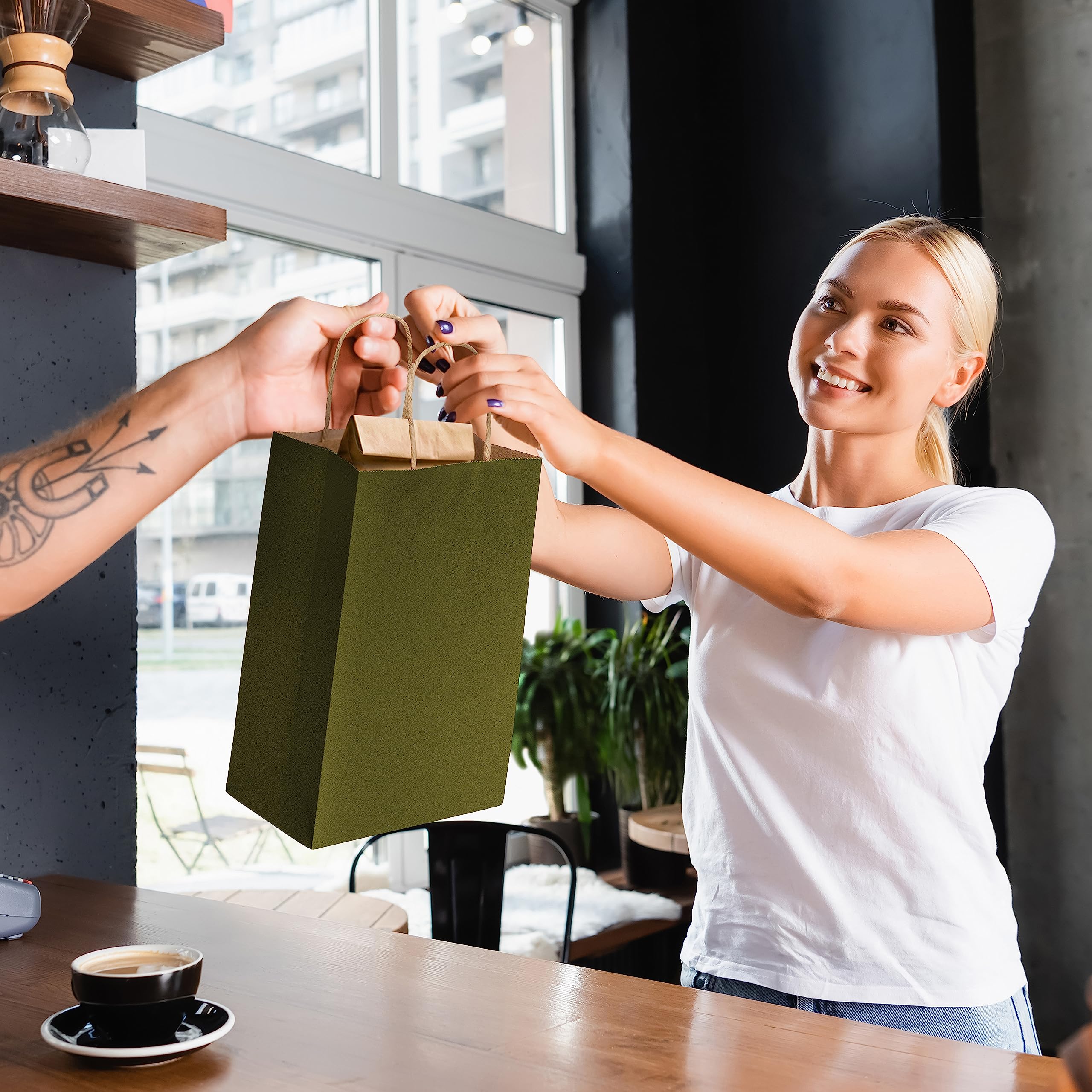 Premium 8x4x10 Inch Small Green Kraft Paper Gift Bags with Handles - 50 Pack Bulk Wholesale for Small Business, Boutique, Christmas Gifts, Party Favors & Retail Packaging | Eco-Friendly & Durable for Weddings, Baby Showers & Holiday Events