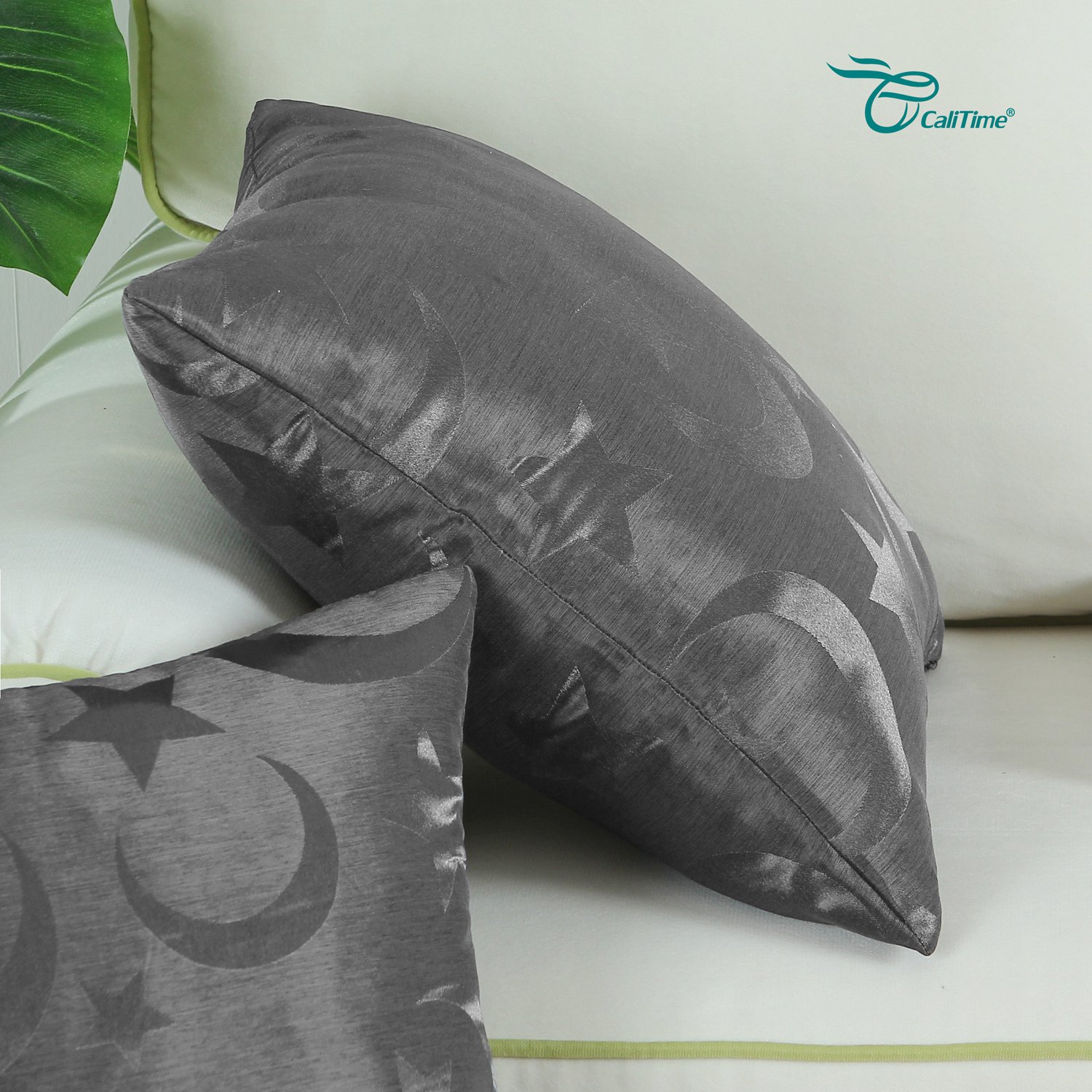 CaliTime 2 Pack Throw Pillow Covers 18x18 Inches - Modern Star & Moon Design with Shining & Dull Contrast for Couch, Sofa, Bedroom Decor - Perfect for Living Room, Nursery & Home Styling (Grey)