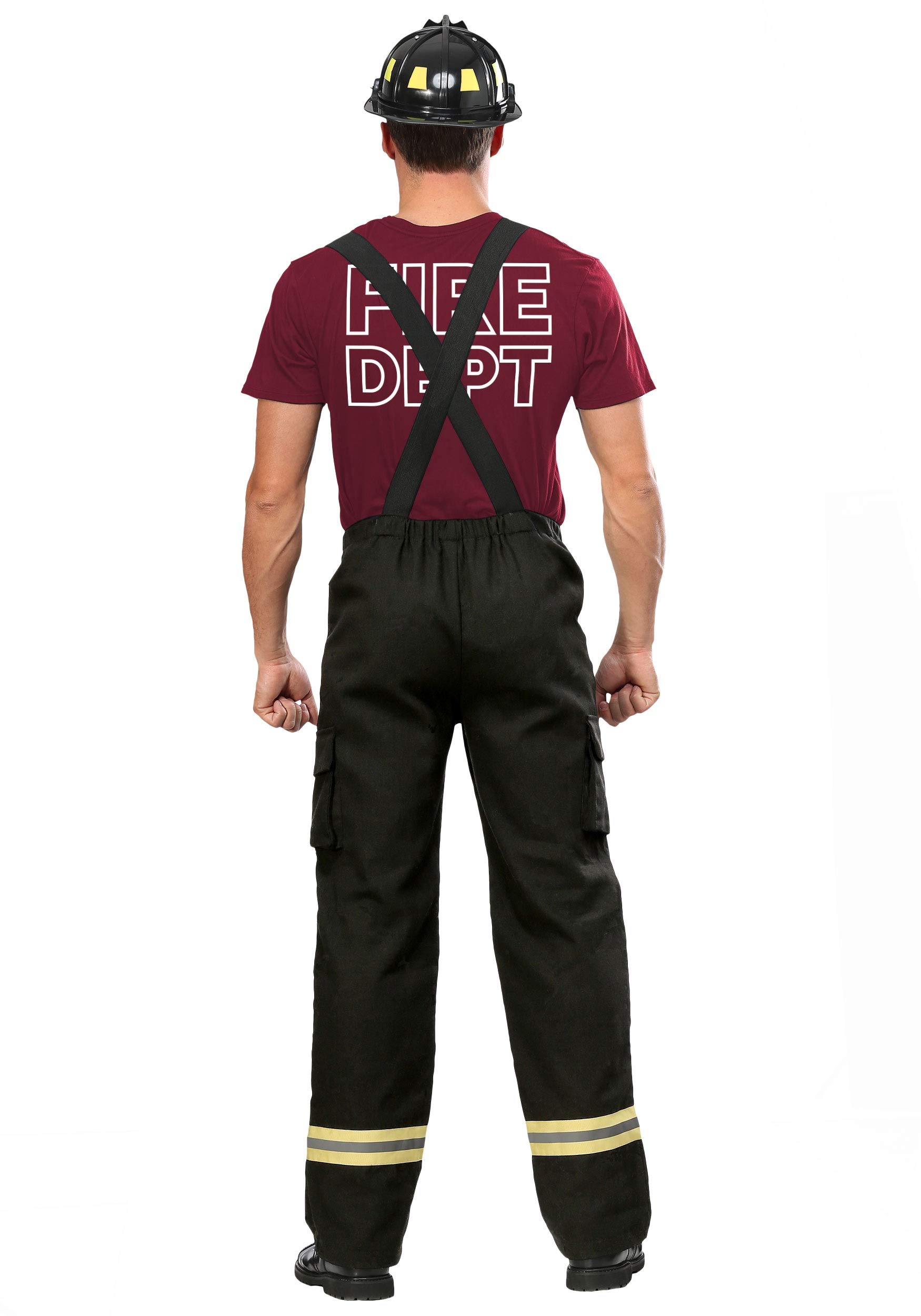 Adult Firefighter Costume with Black Suspenders, Pants, Shirt & Helmet - Fire Captain Uniform for Halloween, Cosplay, Parties & Emergency Drill Events