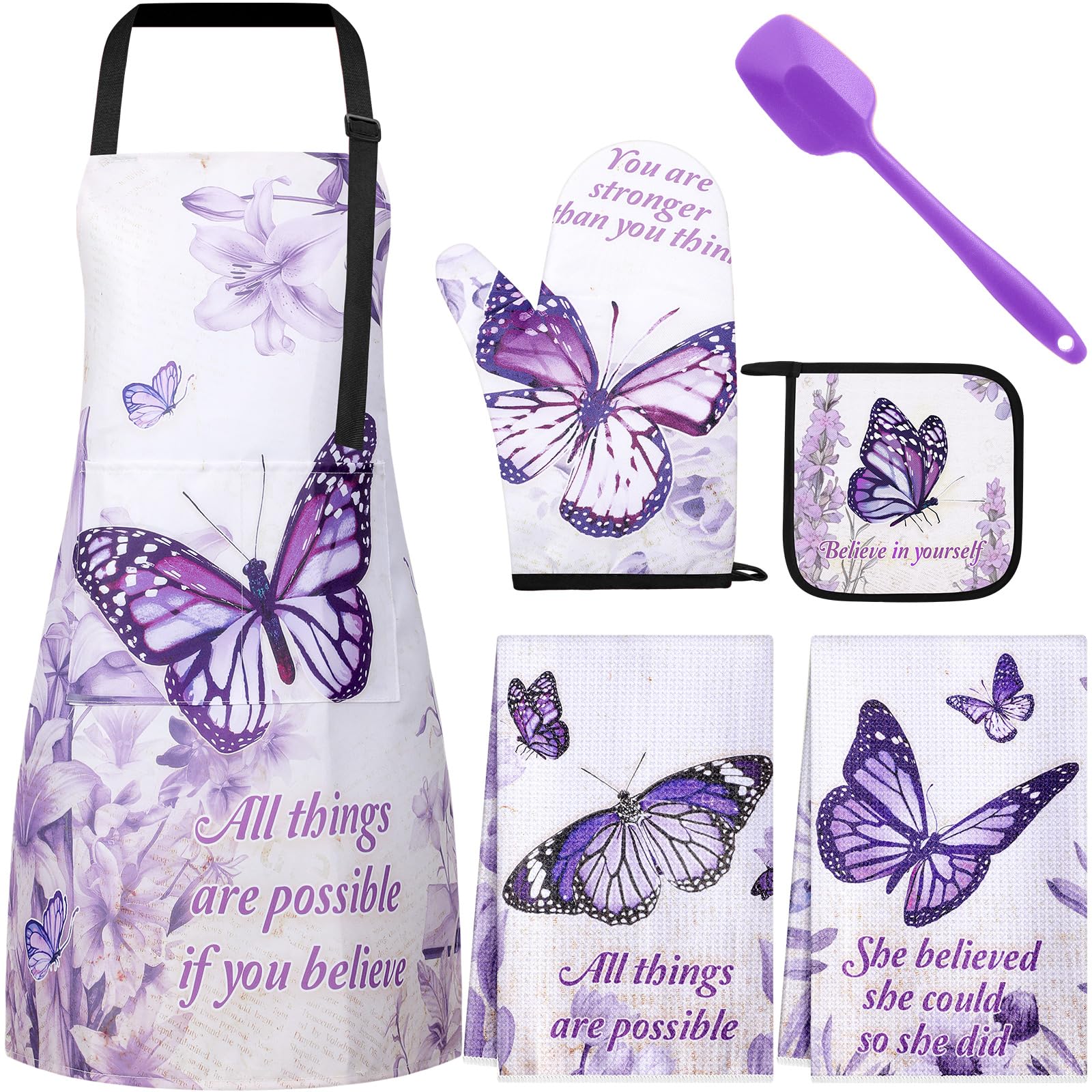 Hoolerry 6-Piece Religious Kitchen Apron Set with Dish Towels, Oven Mitts, Pot Holders & Silicone Spatula - Perfect Cooking & Baking Gifts for Women, Wife, Grandma (Purple) - Ideal for Holiday Meals, Church Potlucks & Family Gatherings