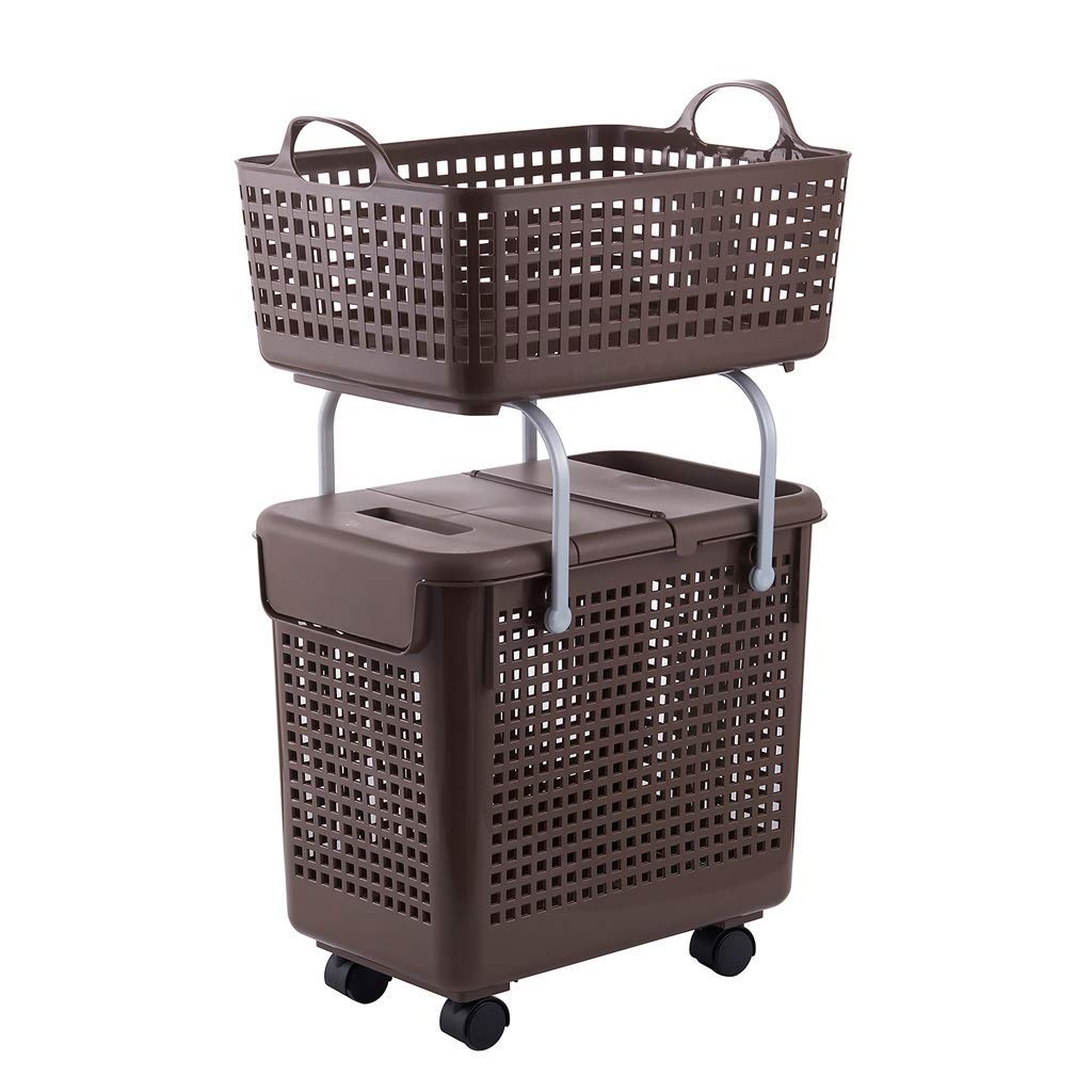 JIGUANG Multi-Functional Plastic Laundry Basket with Lid - White & Brown Storage Organizer for Bathroom, Toilet, Bedroom - Perfect for Clothes, Toys, and Flower Pot Storage
