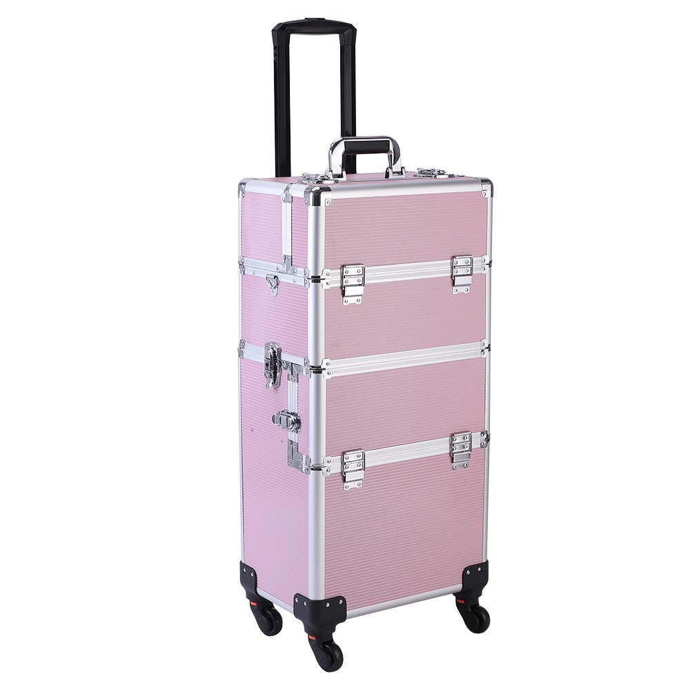 3 in 1 Professional Rolling Makeup Train Case - Aluminum Cosmetic Organizer with 4 Removable Wheels & Lockable Keys (Pink) | Perfect for Makeup Artists, Salon Professionals & Travel Cosmetics Storage