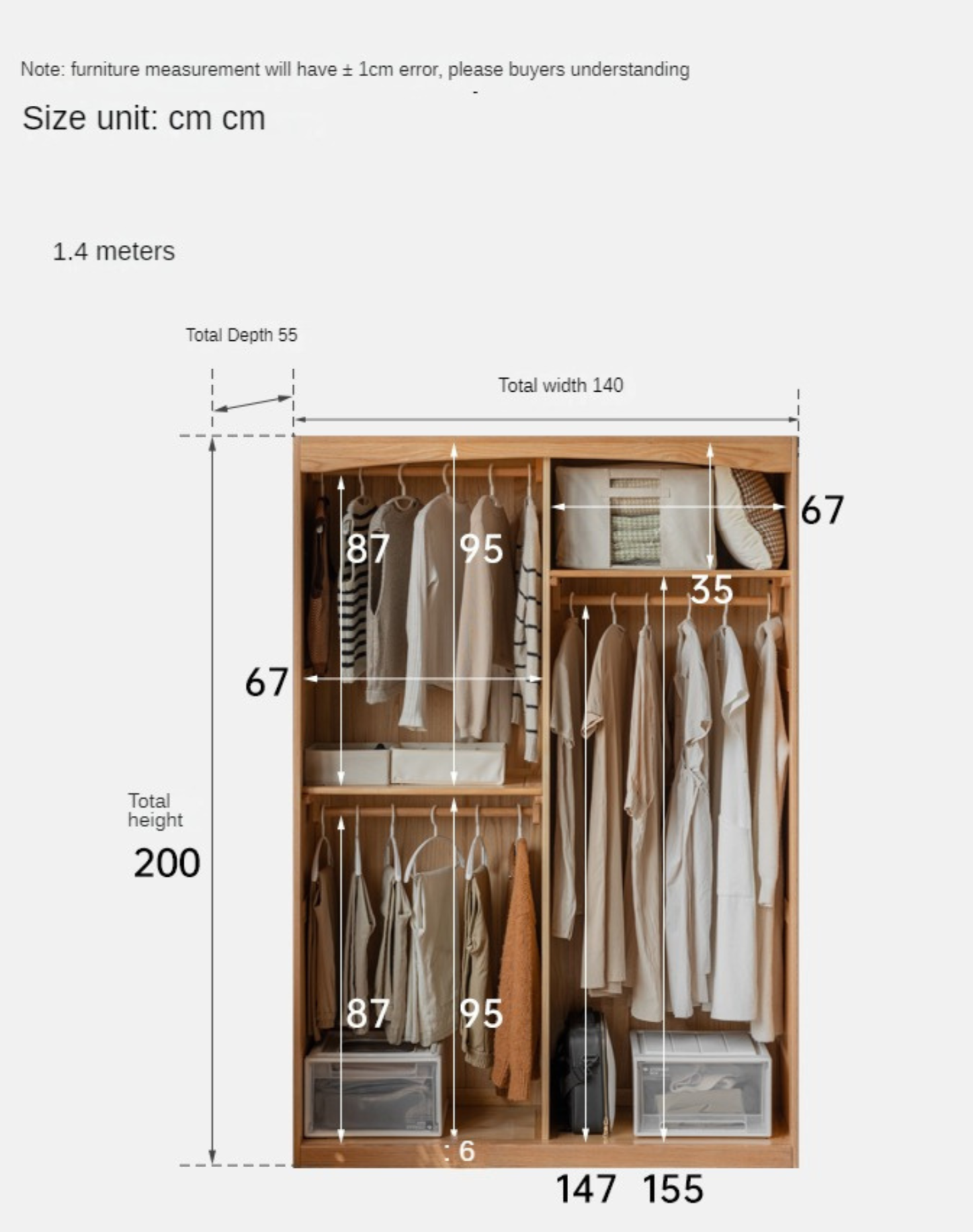 Oak Solid Wood Wardrobe with Curtain Design - Elegant Closet Storage for Bedroom, Living Room & Dorm Organization