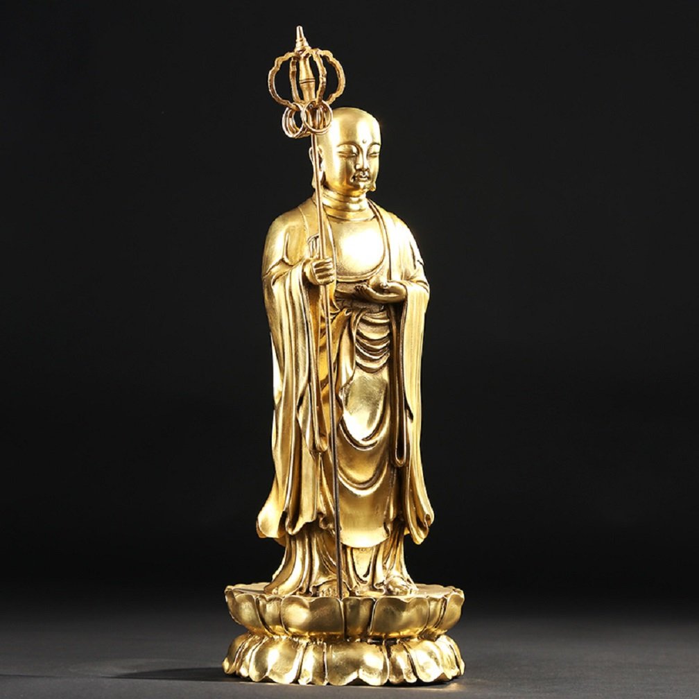 Handmade Brass Ksitigarbha Buddha Statue - Lucky Feng Shui Decor for Home & Office - Large Buddhist Sculpture for Meditation & Spiritual Harmony
